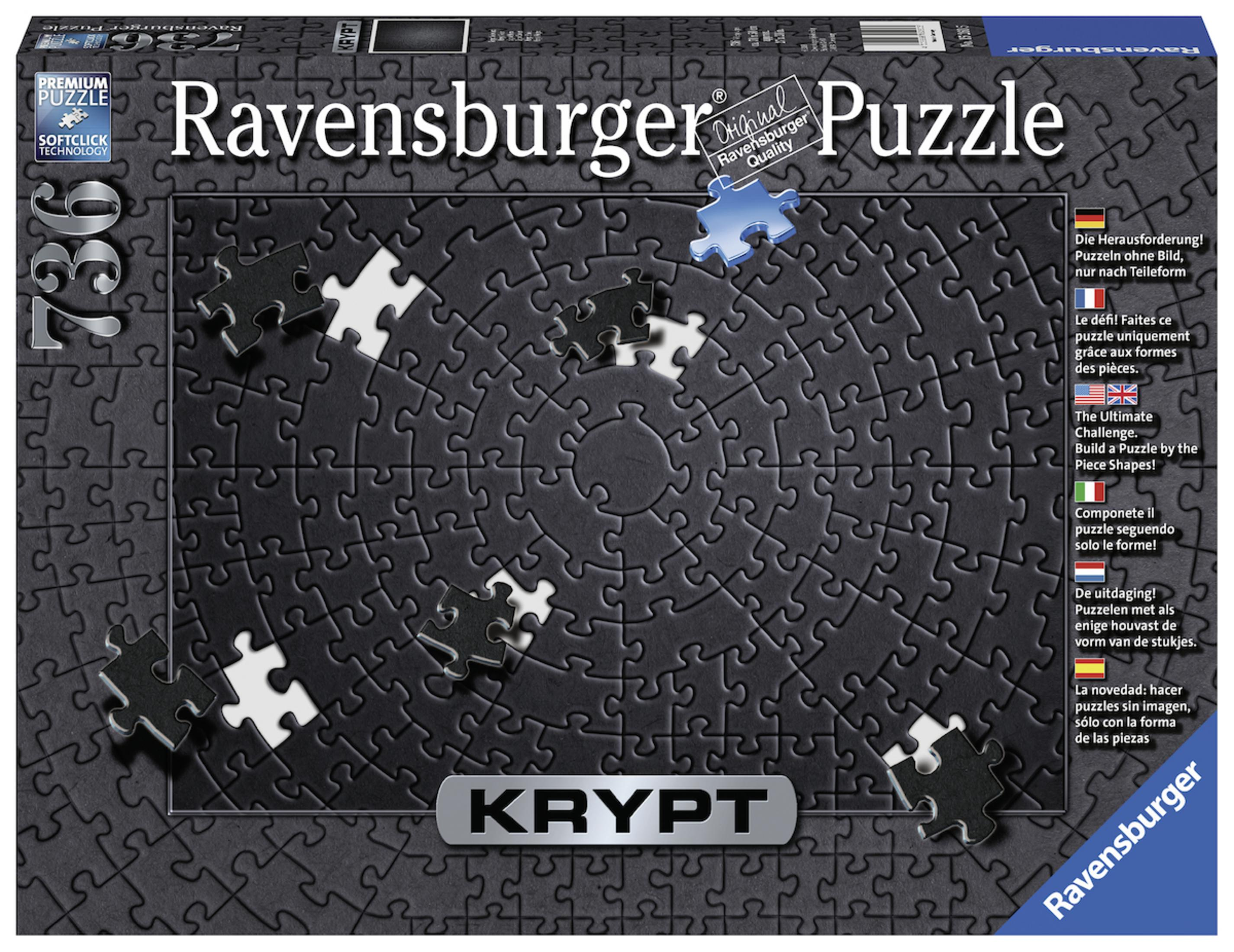 Ravensburger Puzzledose mit fertigem Puzzlebild, fehlende Teile auf dem Tisch.