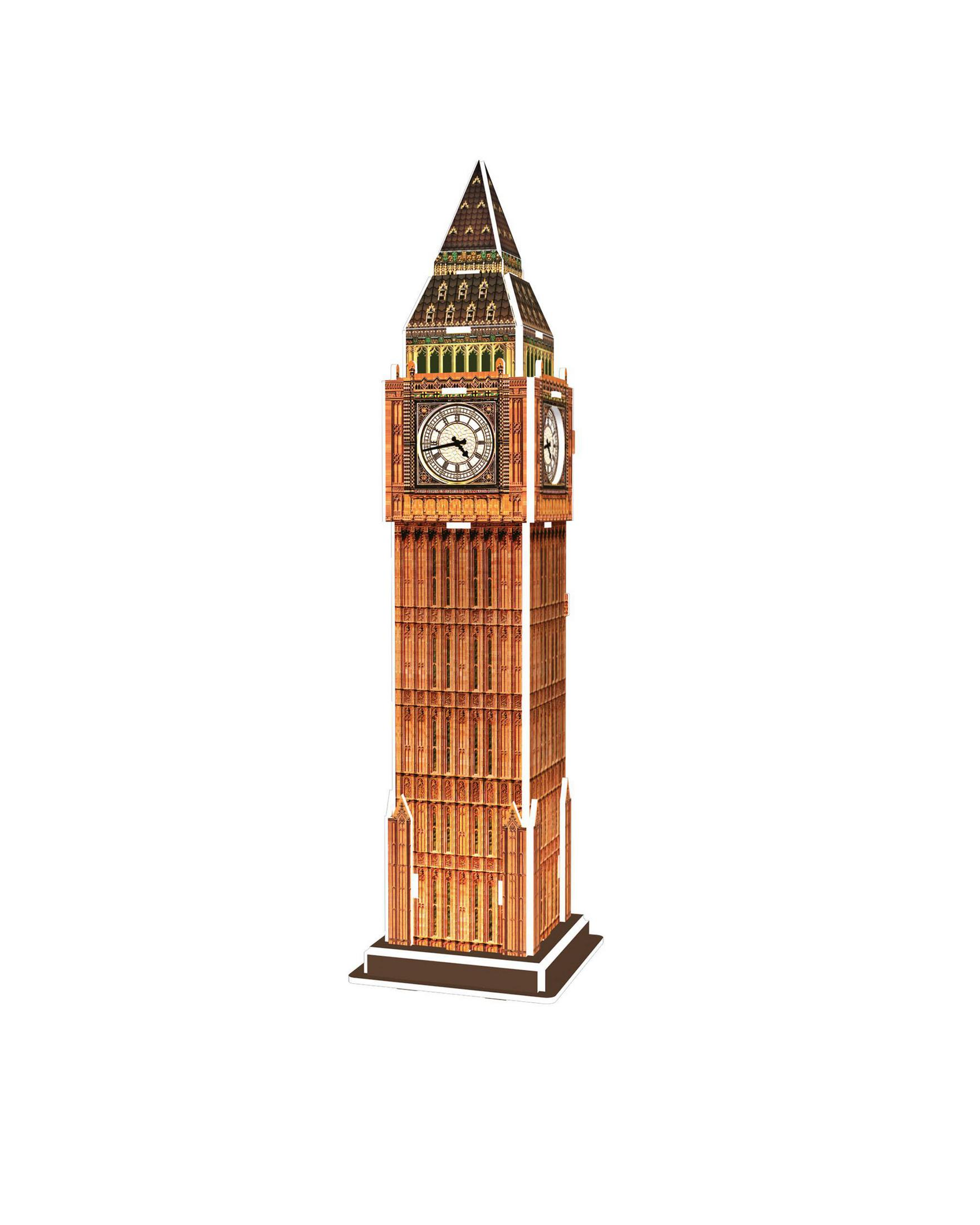 Hoher, brauner Big-Ben-Uhrturm auf weißem Hintergrund, mit einem sichtbaren Zifferblatt.