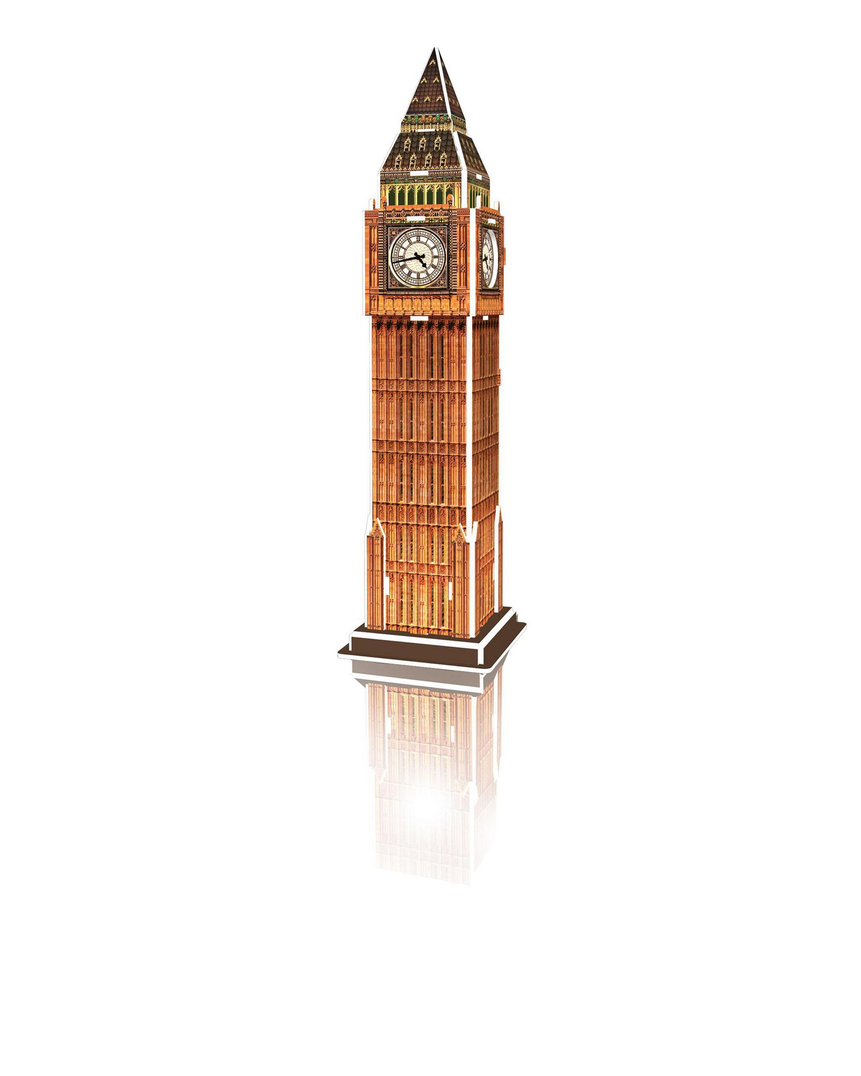 Big Ben Modell, hoch, braun mit Zifferblättern und weißem Hintergrund.