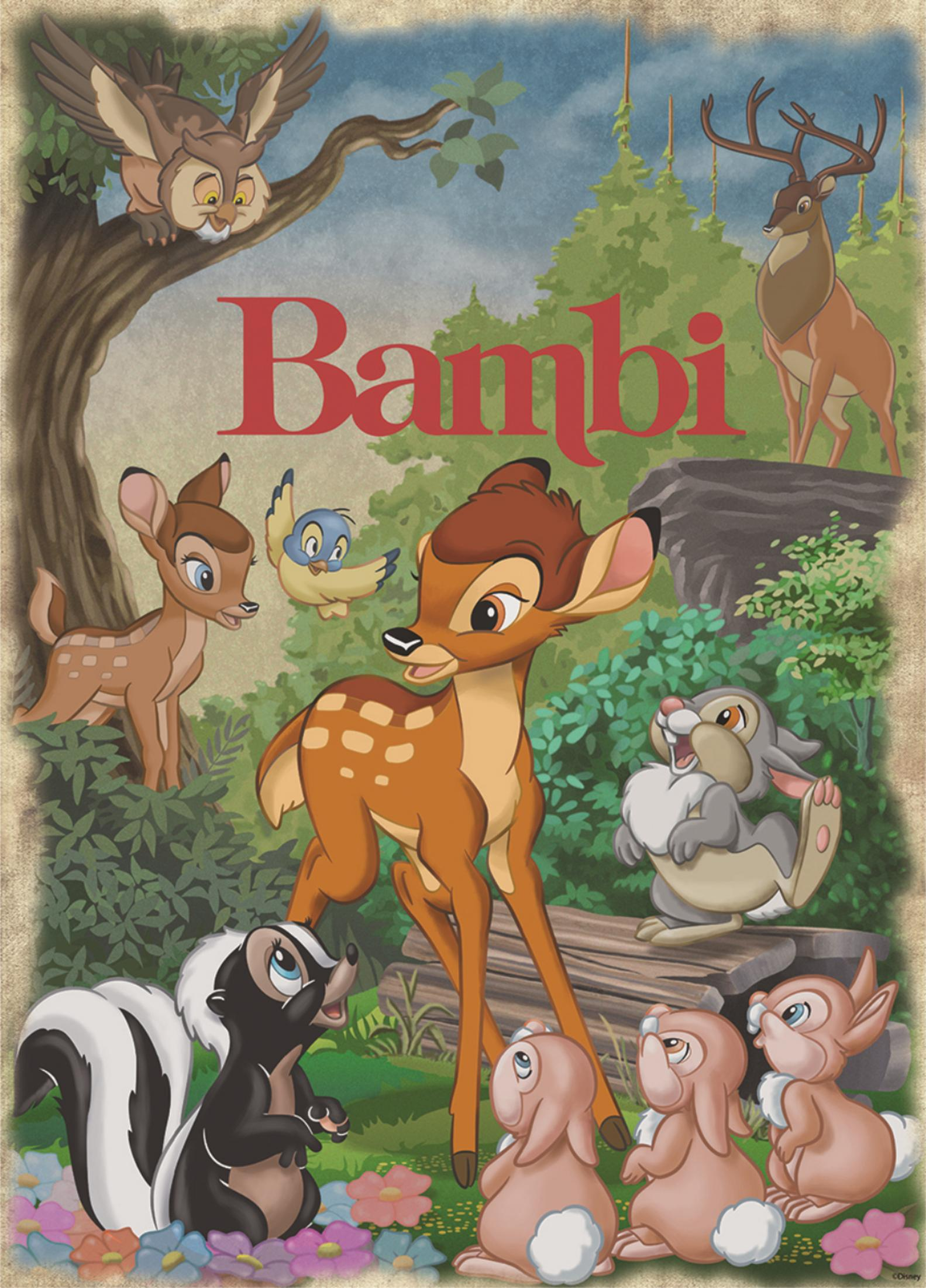 Bambi und Freunde, Illustration eines Hirsches und Waldtiere.