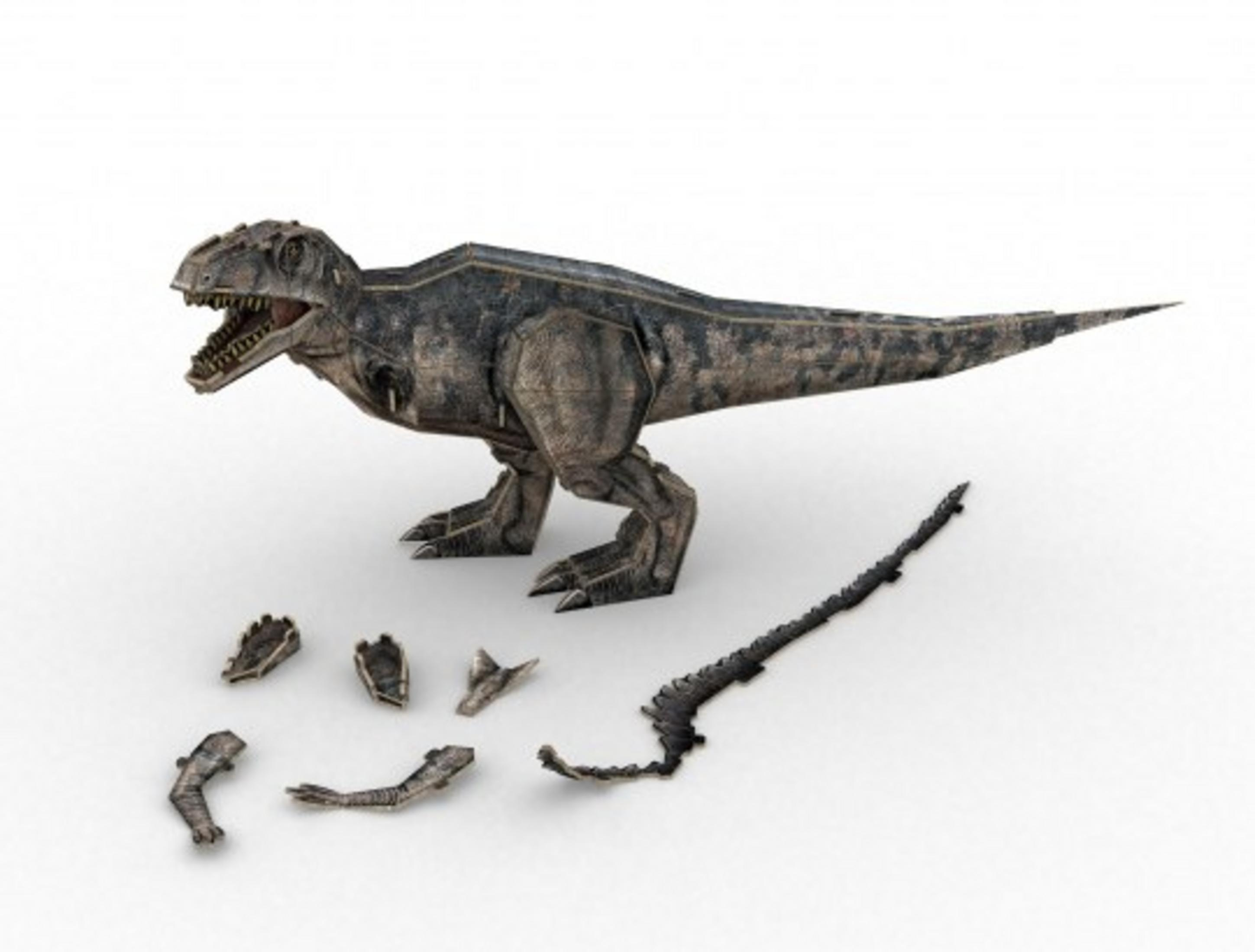Dinosaurus speelgoed onderdelen verspreid op een wit oppervlak. Onderdelen omvatten botten en het lichaam.