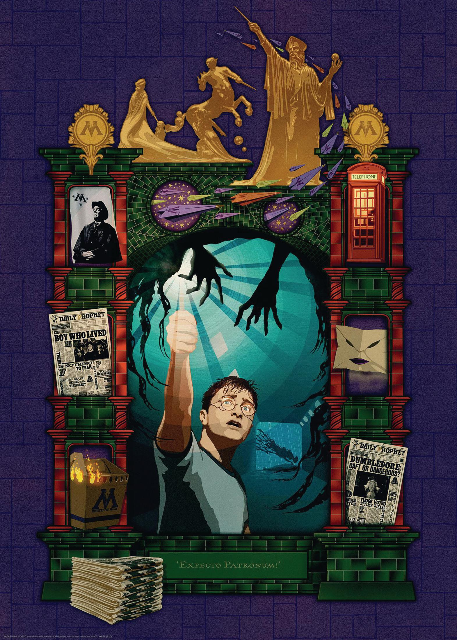 Sztuka Harry'ego Pottera. Harry z różdżką, tekst „Expecto Patronum”.