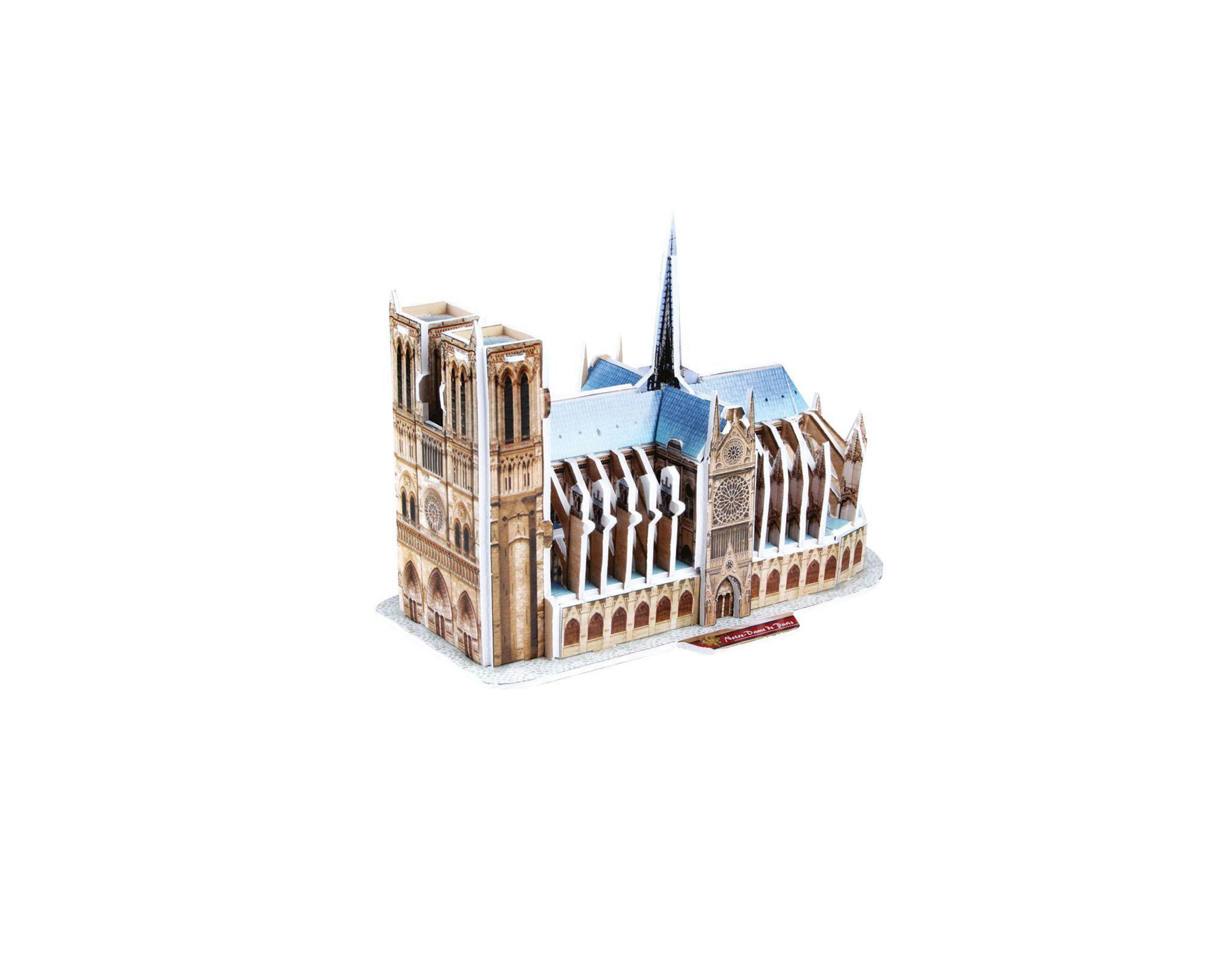Ein Papiermodell der Kathedrale Notre Dame vor weißem Hintergrund.