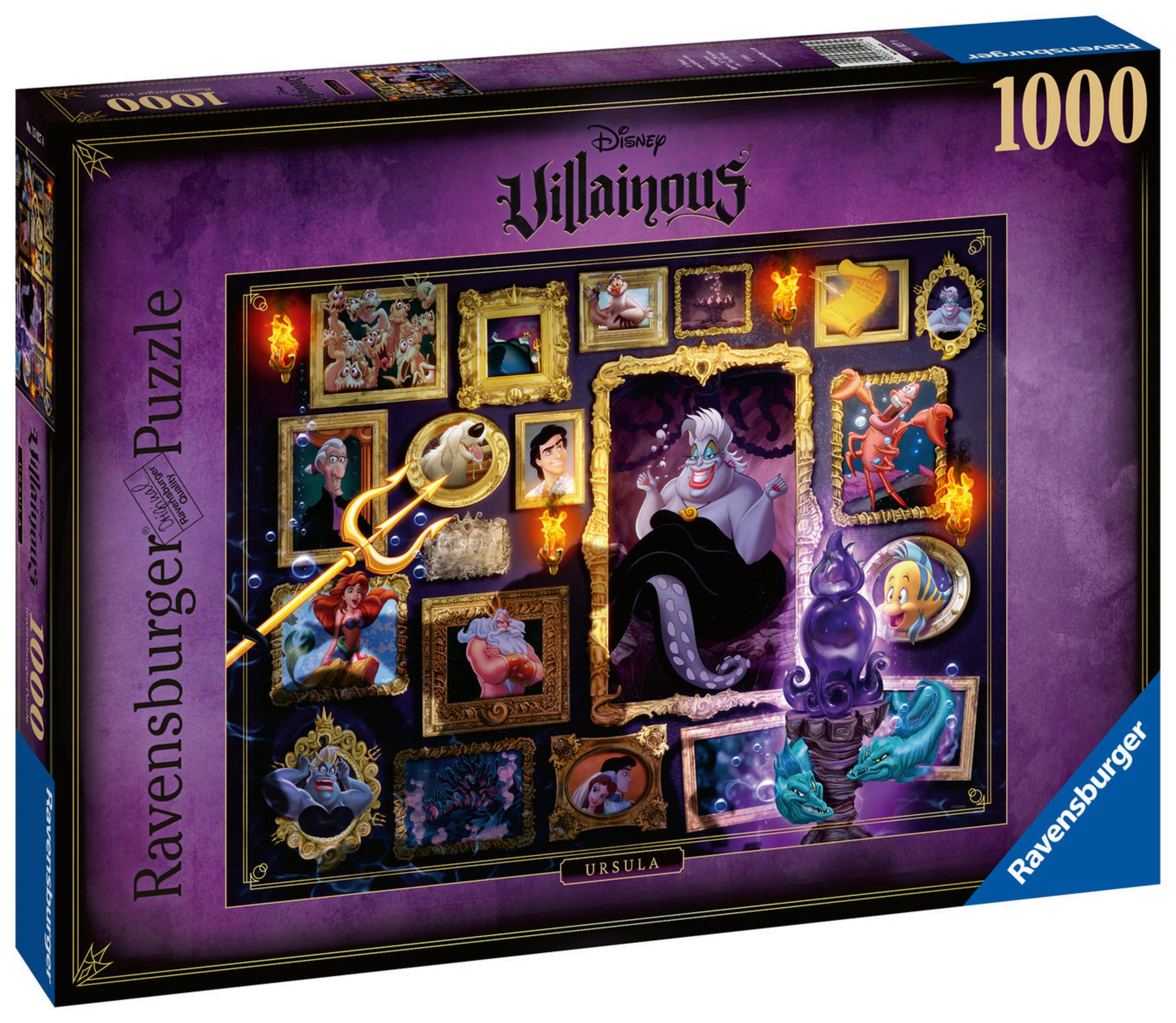 Disney Villainous Puzzleschachtel. Ursula ist die Hauptfigur. Andere Schurken sind in gerahmten Bildern.