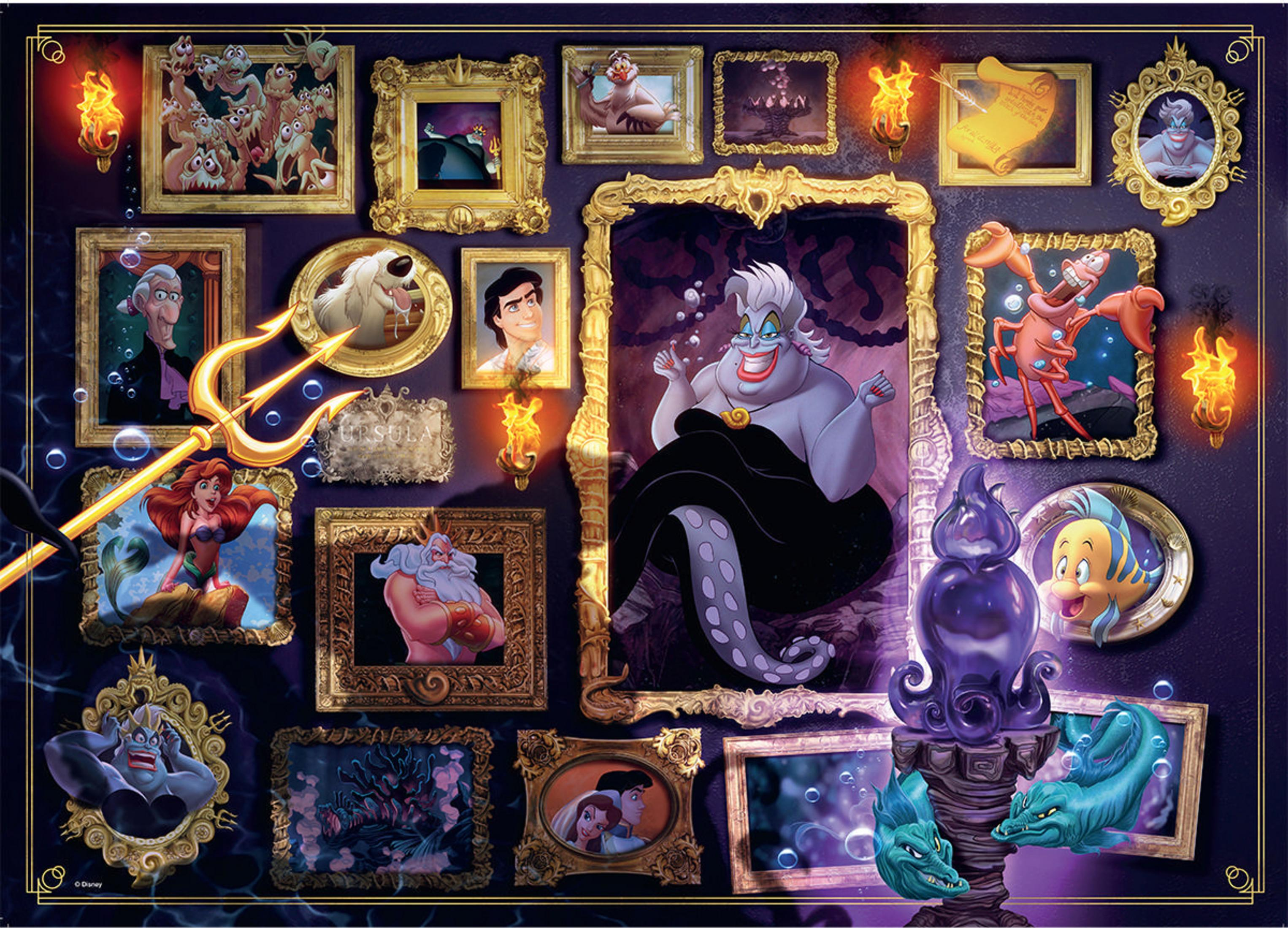 Disney Villainous Puzzle-Bild. Ursula ist die Hauptfigur. Andere Schurken sind in gerahmten Bildern.