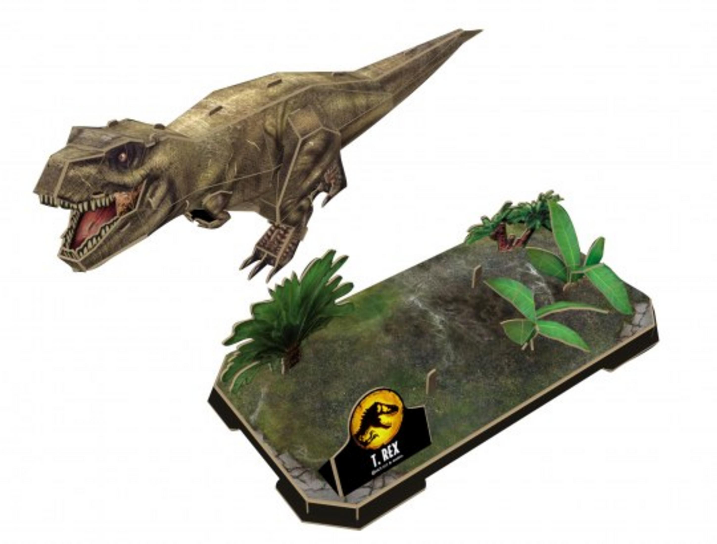 Low-poly T-Rex-model met een terreinbasis en planten op een witte achtergrond.
