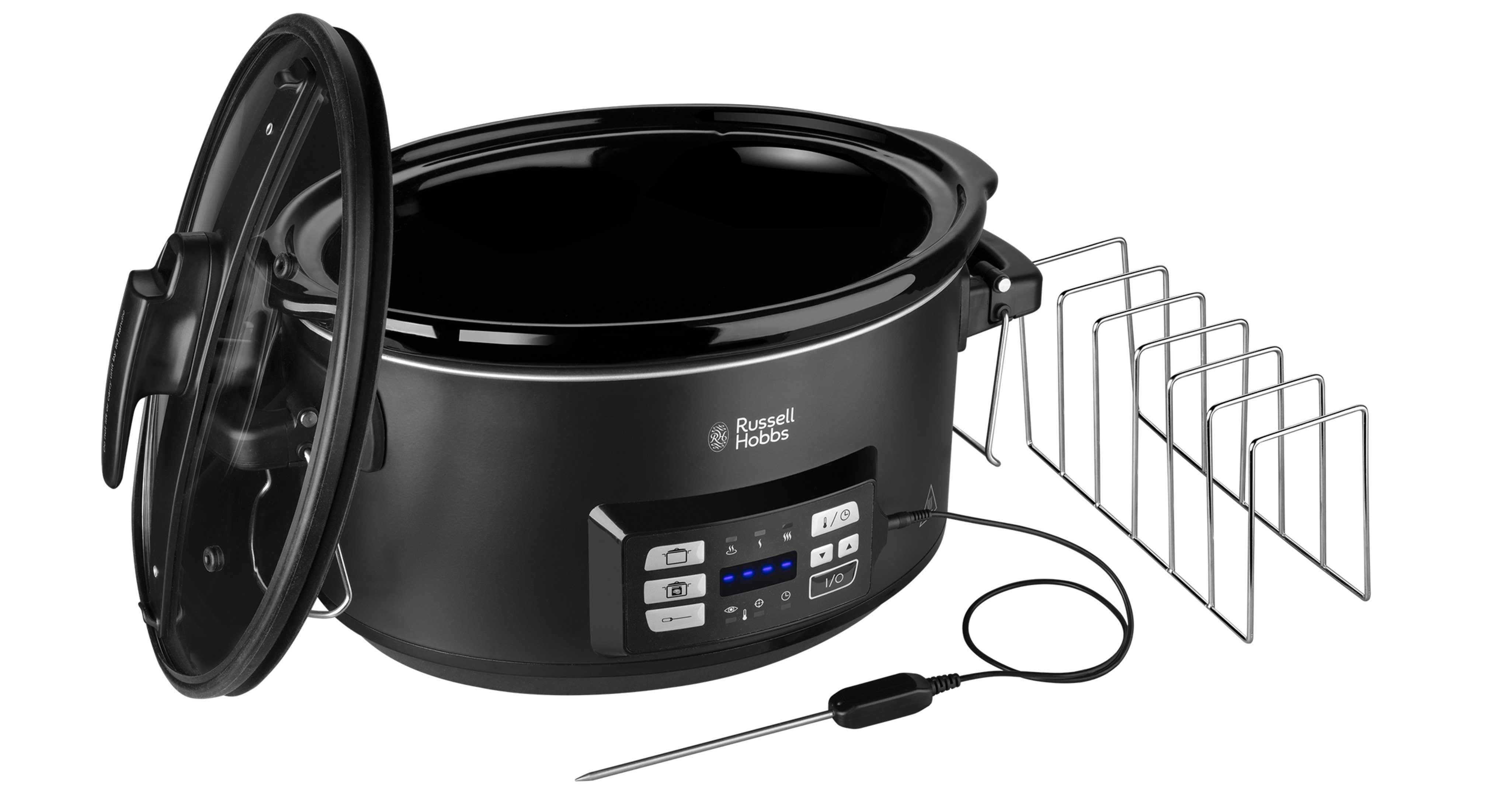 Schwarzer Slow Cooker mit offenem Deckel, Temperatursonde und Rippchenrost.