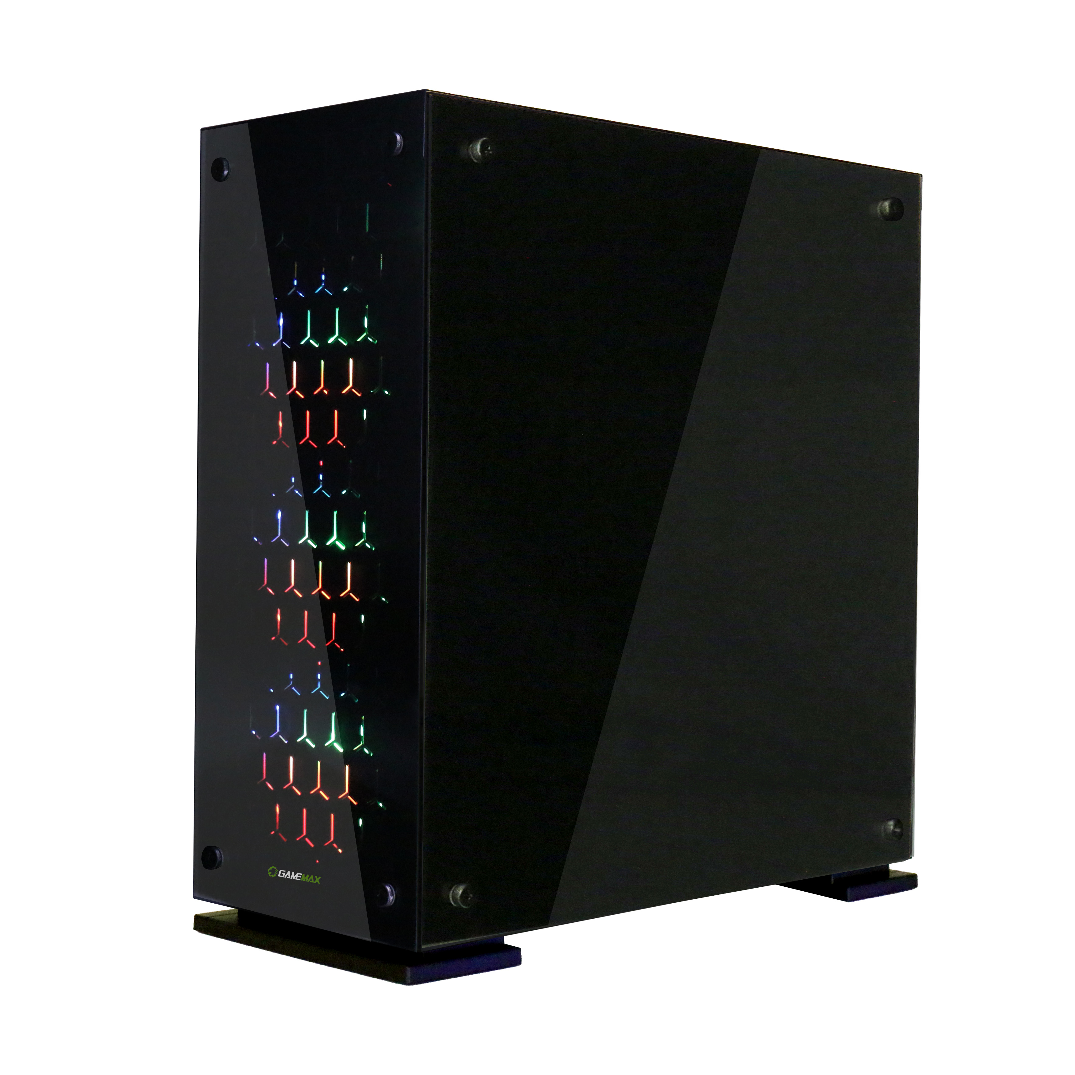 Ein schwarzes PC-Gehäuse mit bunten Lichtern auf der Vorderseite, mit einer Glasscheibe an der Seite.