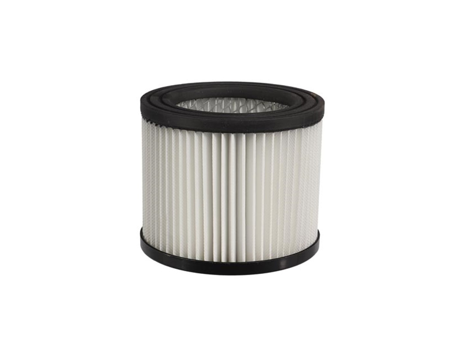 Weiß-schwarzer Luftfilter, zylindrische Form, mit schwarzem Rand. Weißer Hintergrund.