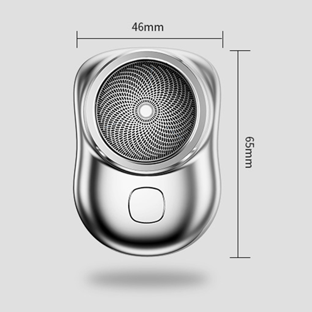 Elektrischer Rasiererkopf. Silber, mit Abmessungen: 46 mm x 65 mm.