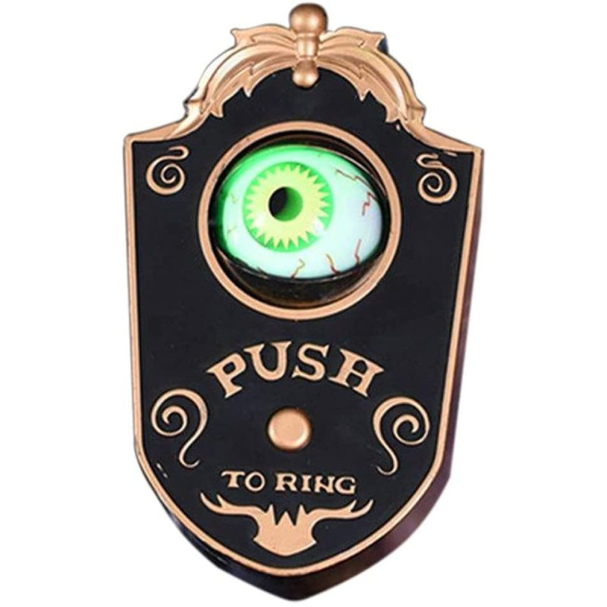 Eine Halloween-Türklingel mit einem Augapfel. Es steht 'PUSH TO RING'.