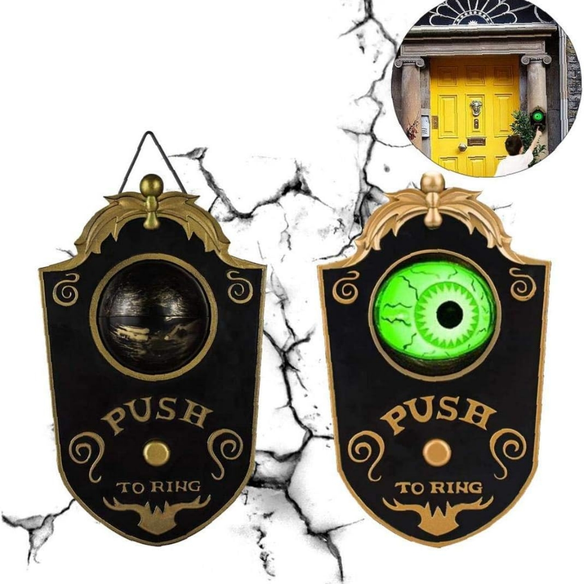 Zwei Halloween-Dekorationen mit Push-to-Ring-Nachricht und Augapfel.