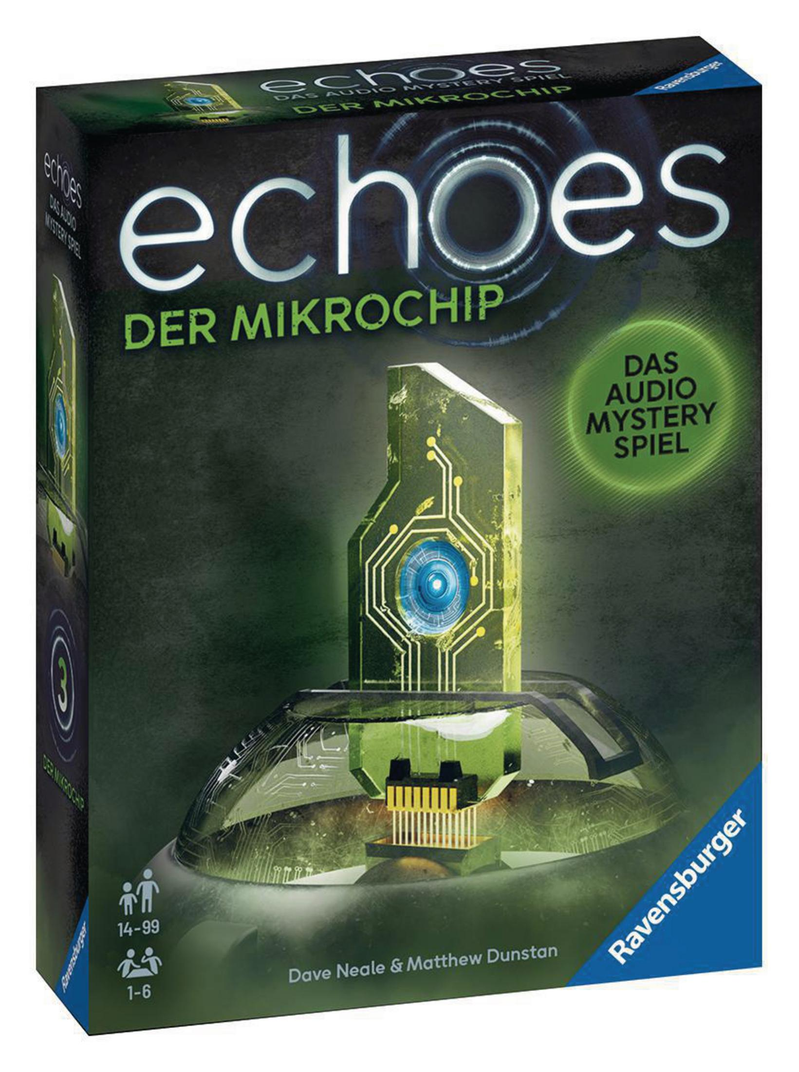 Echoes: Der Mikrochip Spielbox. Grün-schwarzes Design mit zentralem Chip-Bild.