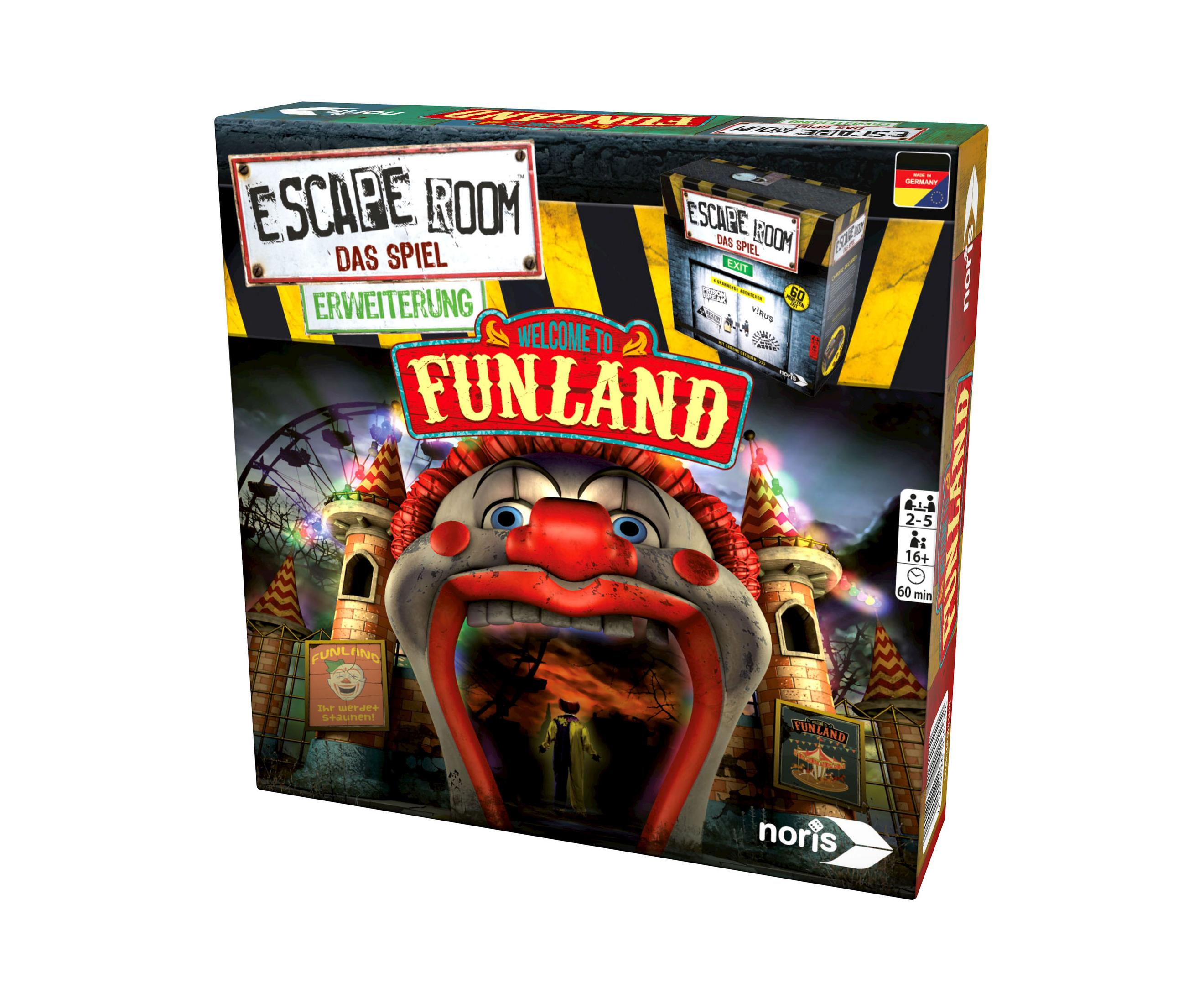 Eine Escape Room Brettspielbox mit einem Clownsgesicht auf der Vorderseite, vor weißem Hintergrund.