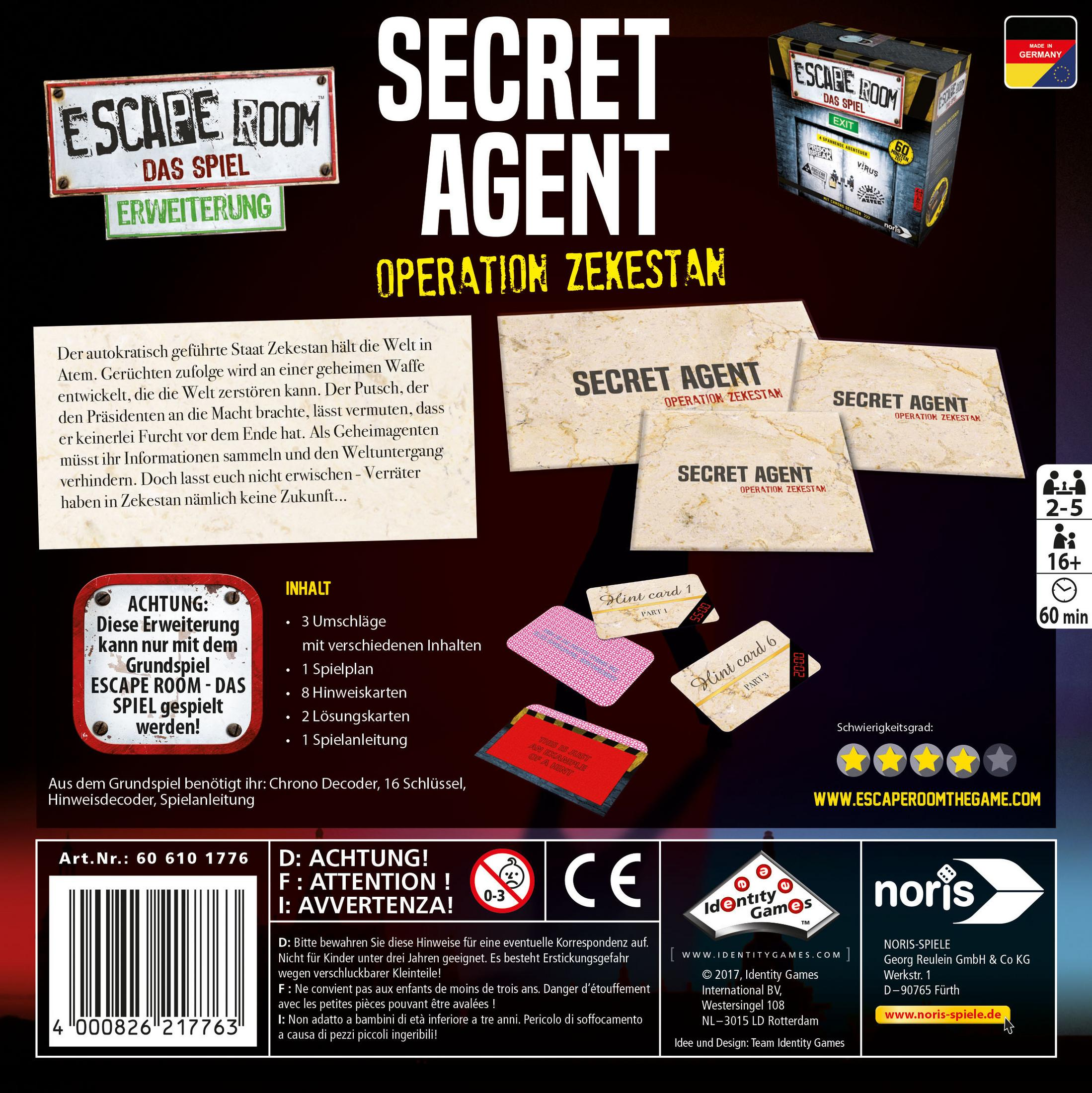 Brettspielbox mit dem Titel 'Secret Agent'. Text auf Deutsch. Karten und Spielsteine sind abgebildet.