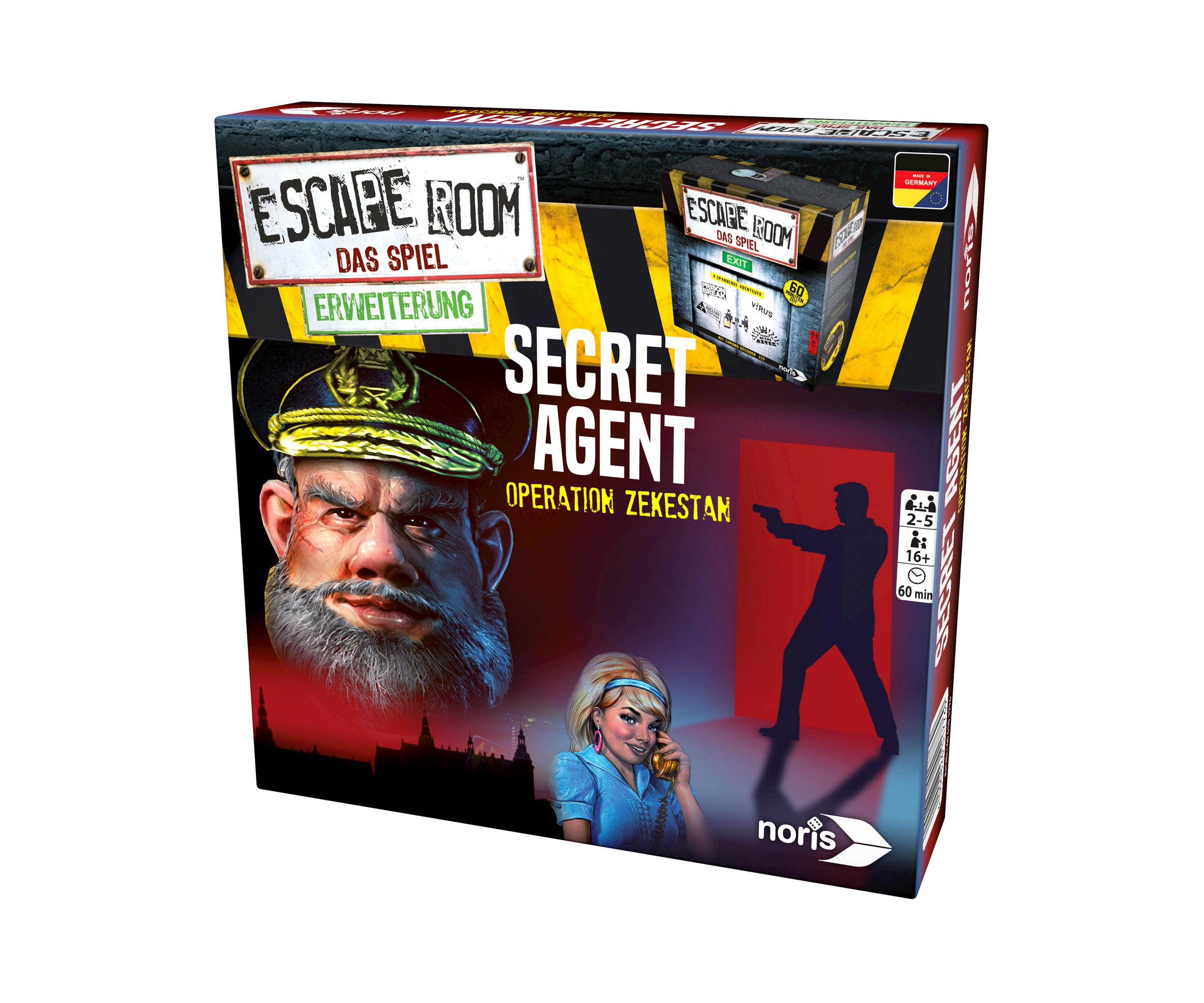 Escape Room-Spielbox. Secret Agent-Thema. Charaktere und Spielkomponenten sind sichtbar.