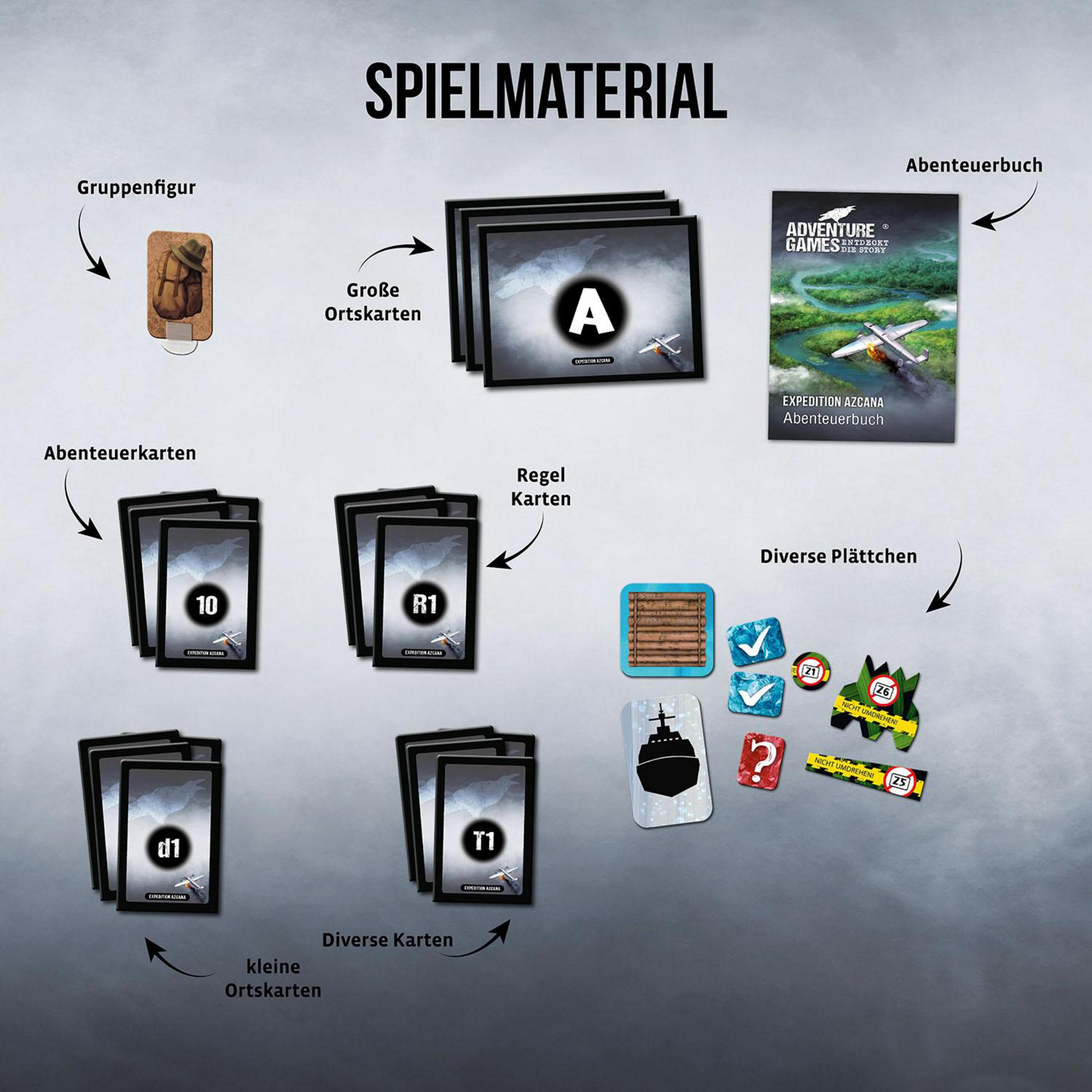 Elementy gry planszowej: karty, żetony i broszura. Niemiecki tekst, jasne tło.