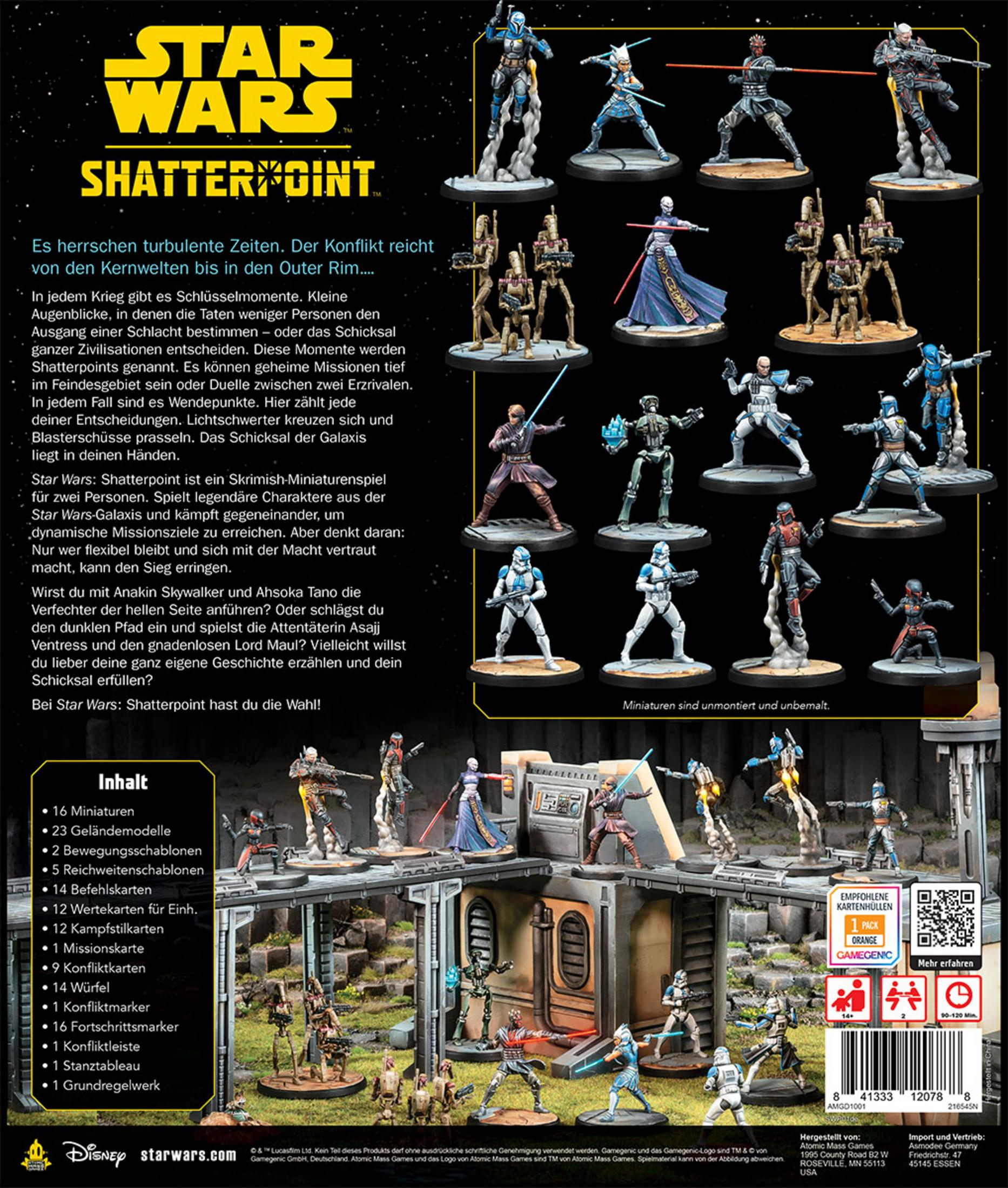 Eine Star Wars Shatterpoint Spielbox und Miniaturen. Text auf Deutsch.