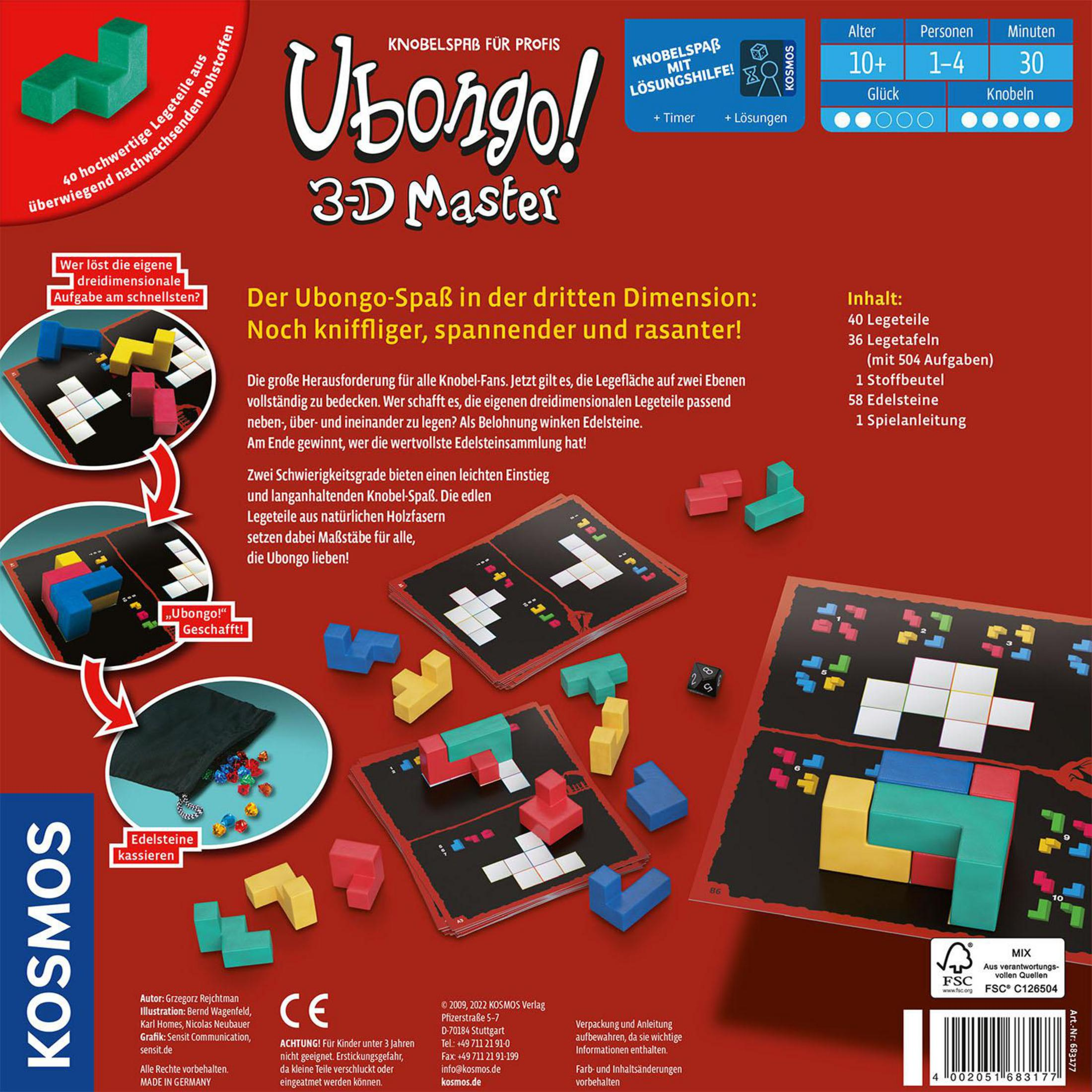 Ubongo 3D Master Brettspiel. Bunte Teile, Spielbretter und Anweisungen.