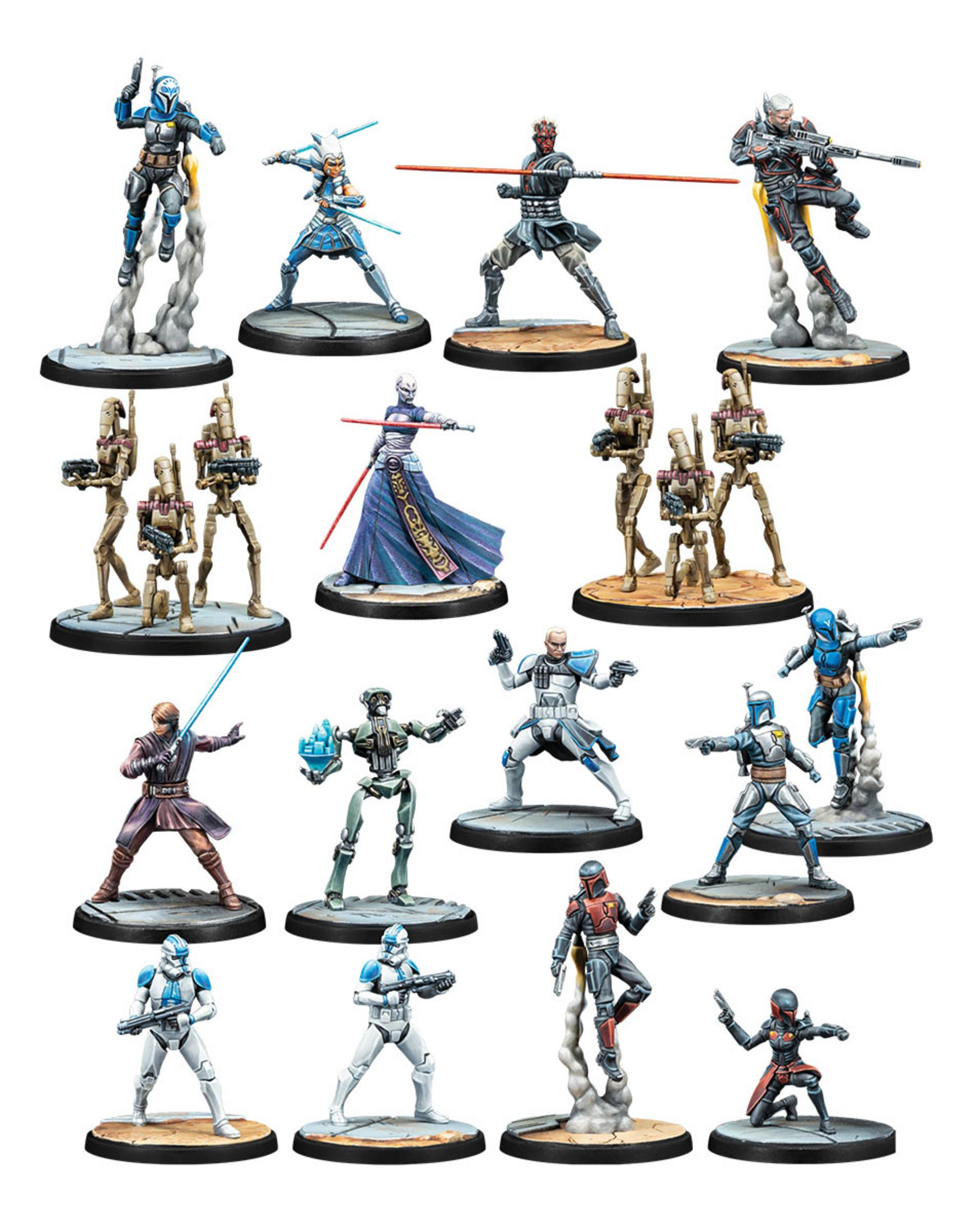 Miniaturfiguren von Star Wars-Charakteren, die auf weißen Sockeln stehen, in einer Gruppe.
