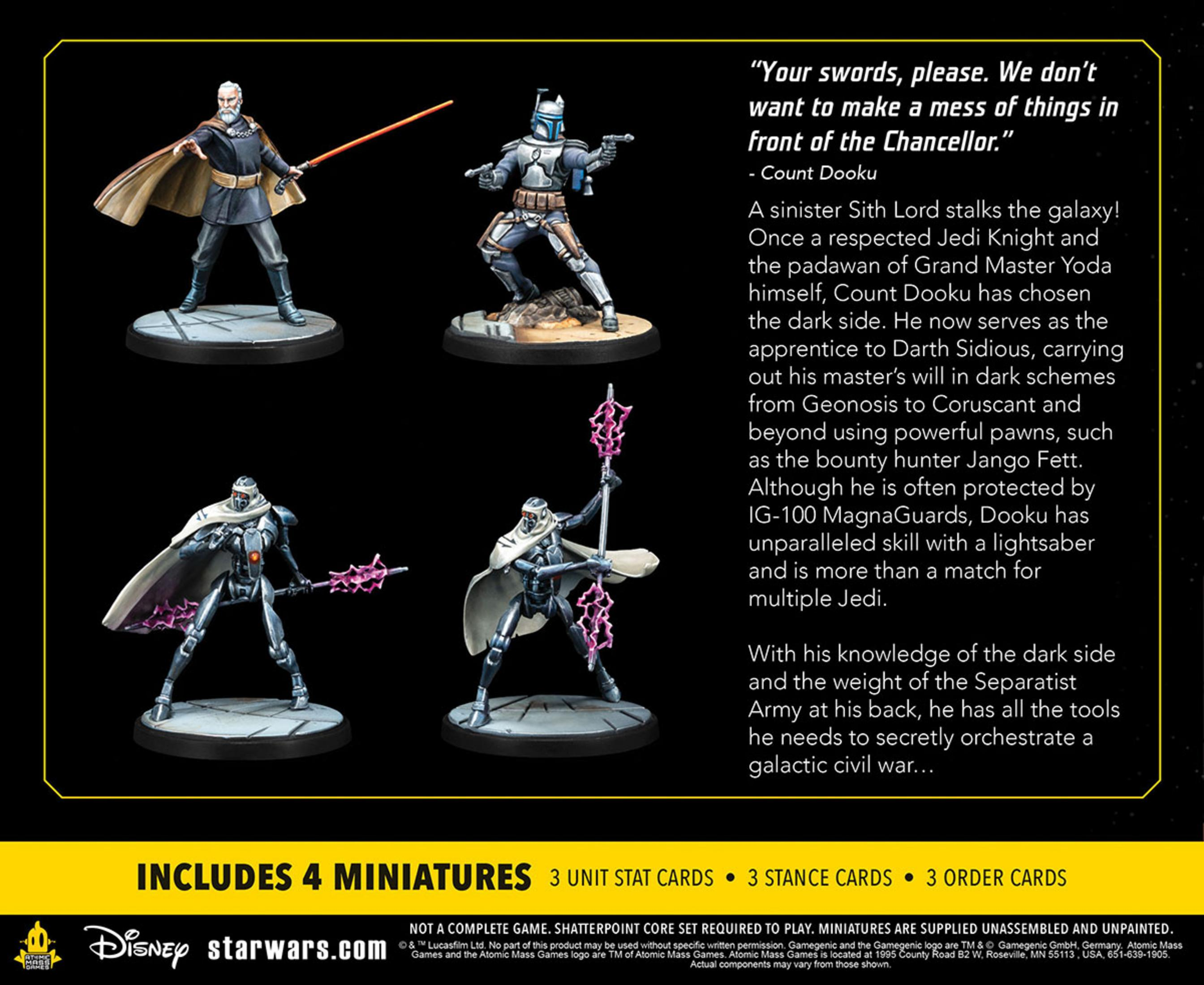 Star Wars Miniaturen. Graf Dooku und andere Figuren, Spiel- und Textdetails sind sichtbar.