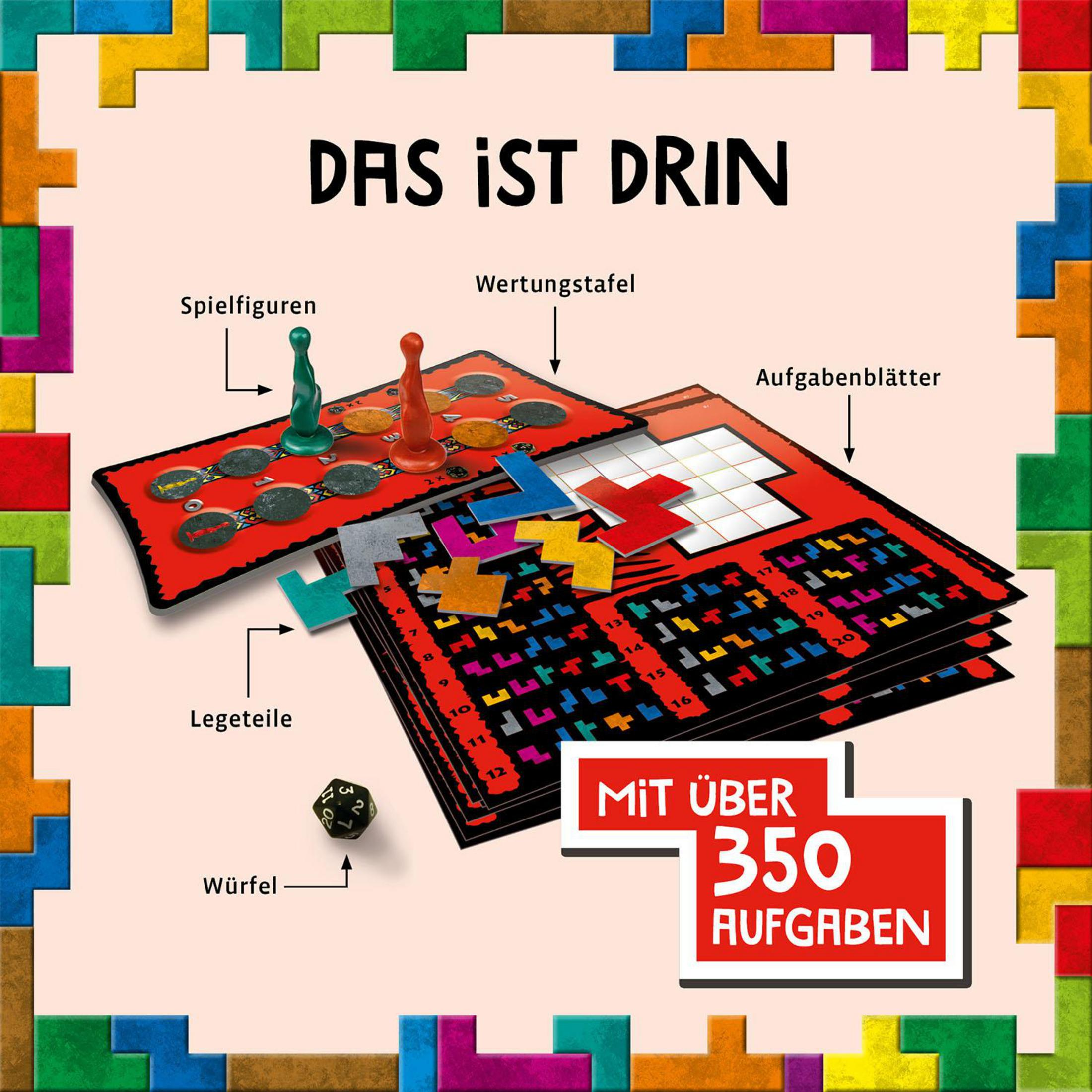 Spielbrett mit Spielsteinen, Würfeln und Karten. Text auf Deutsch: Das ist drin (Was drin ist).