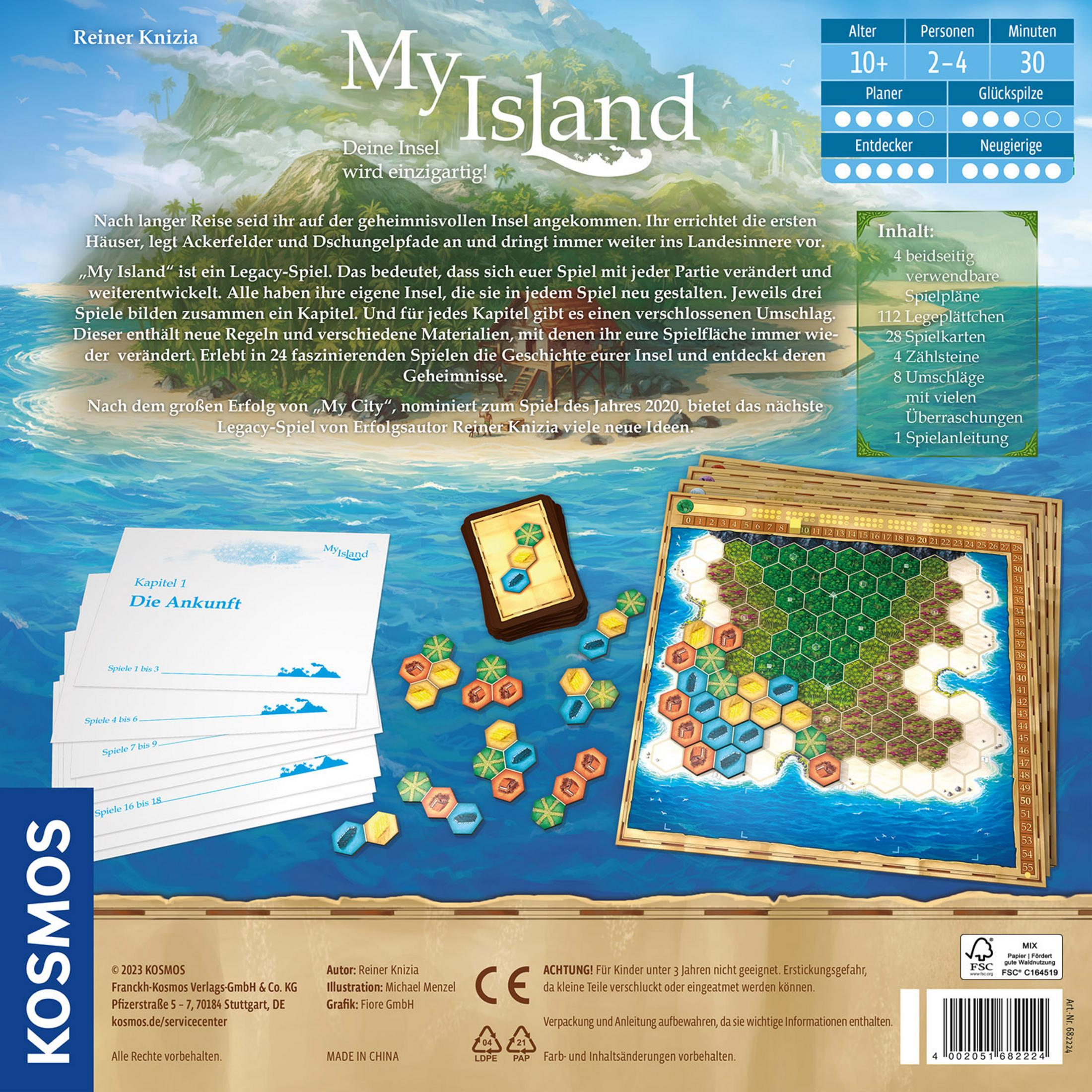 Das Brettspiel 'My Island' mit Illustrationen der Spielkomponenten.