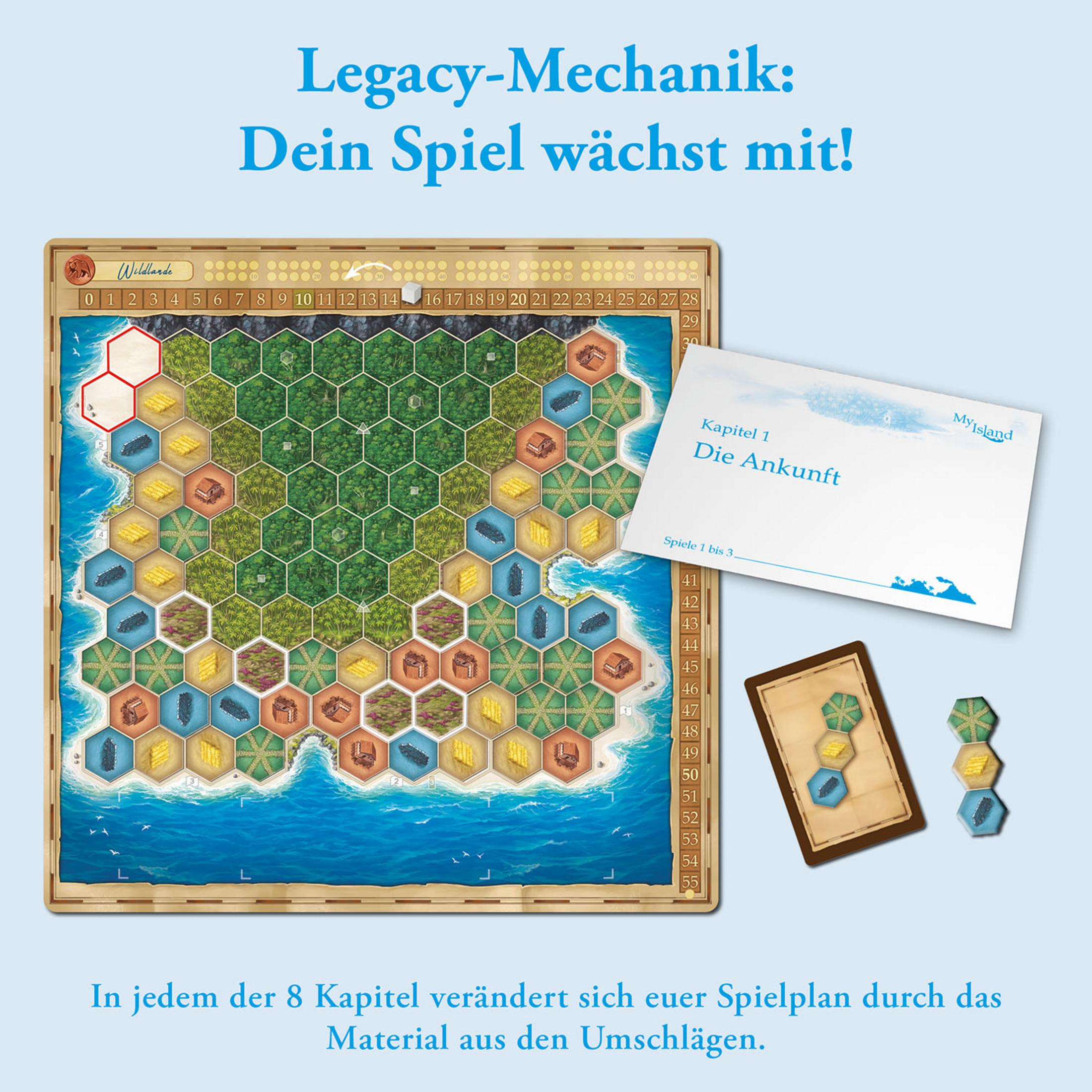 Brettspiel mit Spielbrett, Karten und Teilen. Text auf Deutsch.