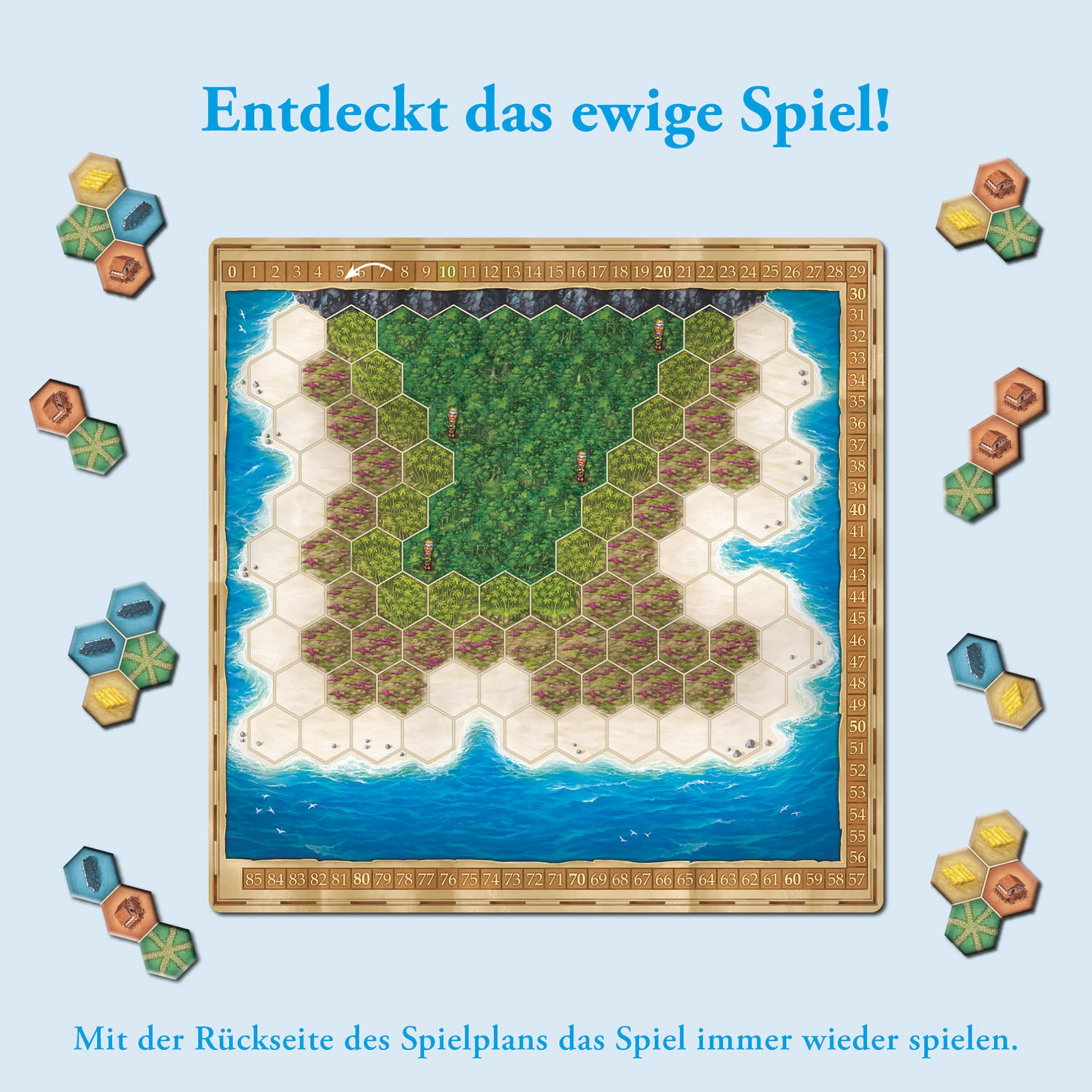 Ein Brettspiel mit kartenähnlichem Design. Sechseckige Kacheln umgeben den mittleren Bereich des Spielbretts.