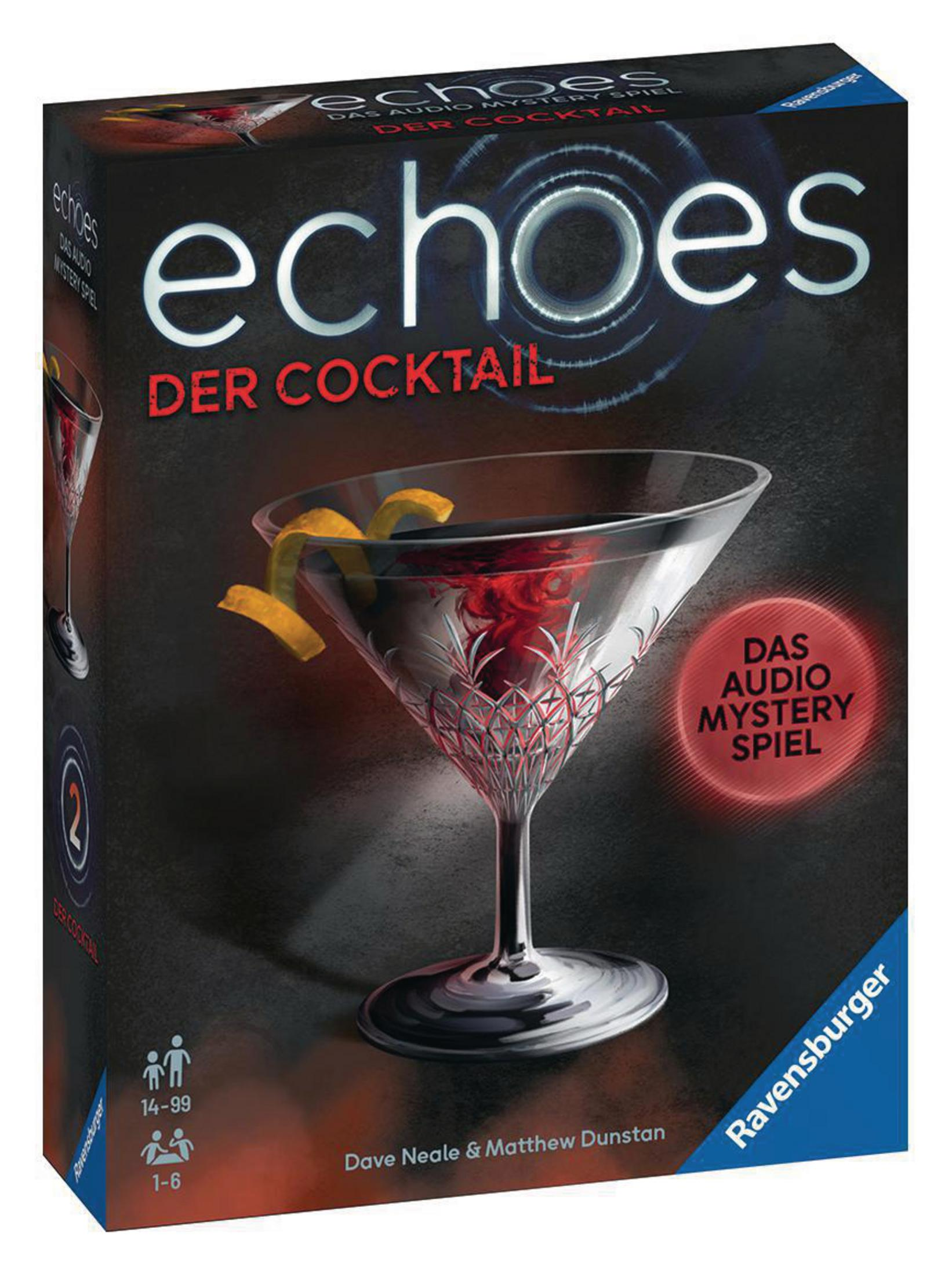 Scatola del gioco "Echoes: Der Cocktail". Raffigura un bicchiere da Martini con una fetta di limone giallo.