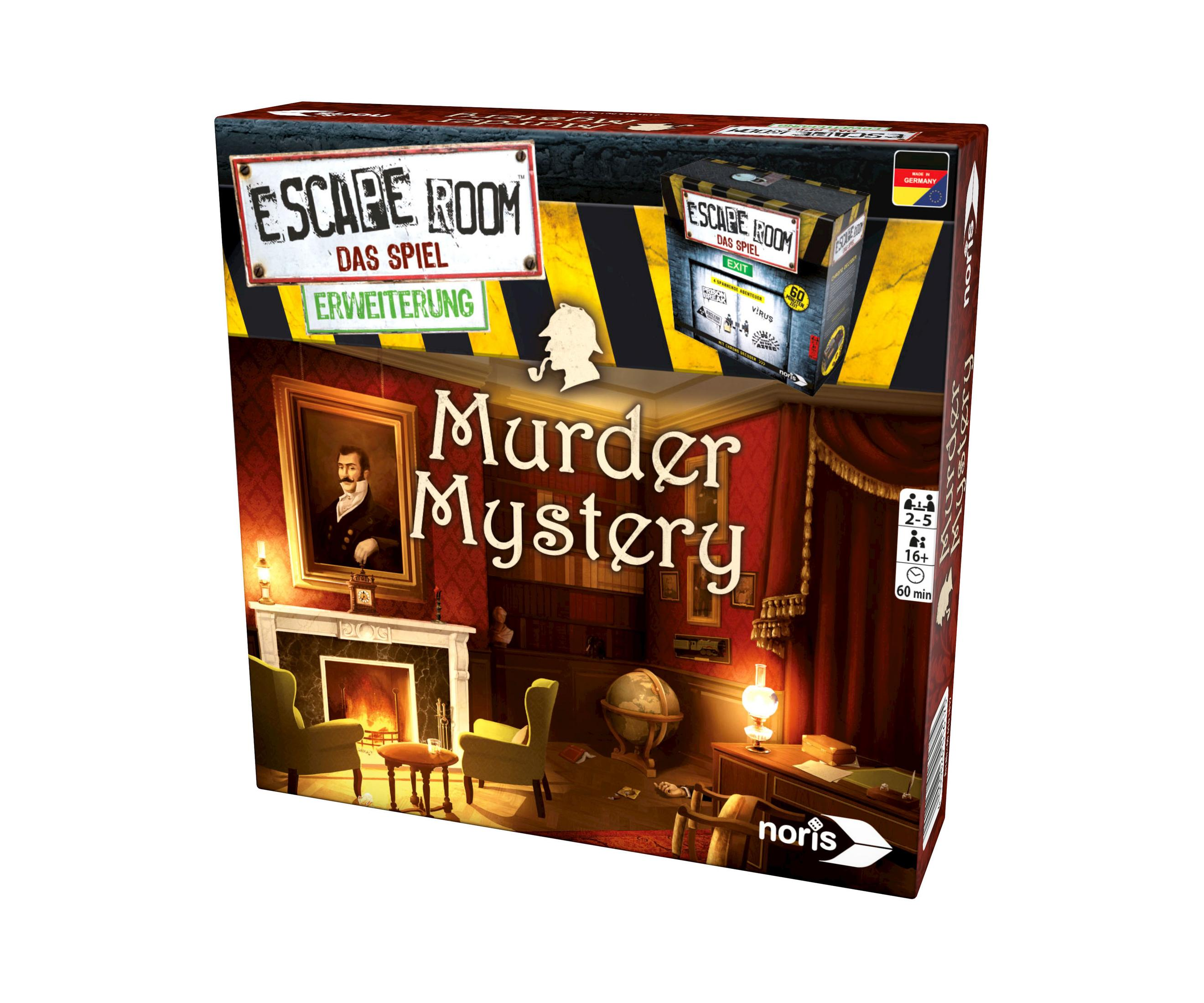 Escape Room Murder Mystery Spielbox, mit einer Raumszene und einem Porträt.
