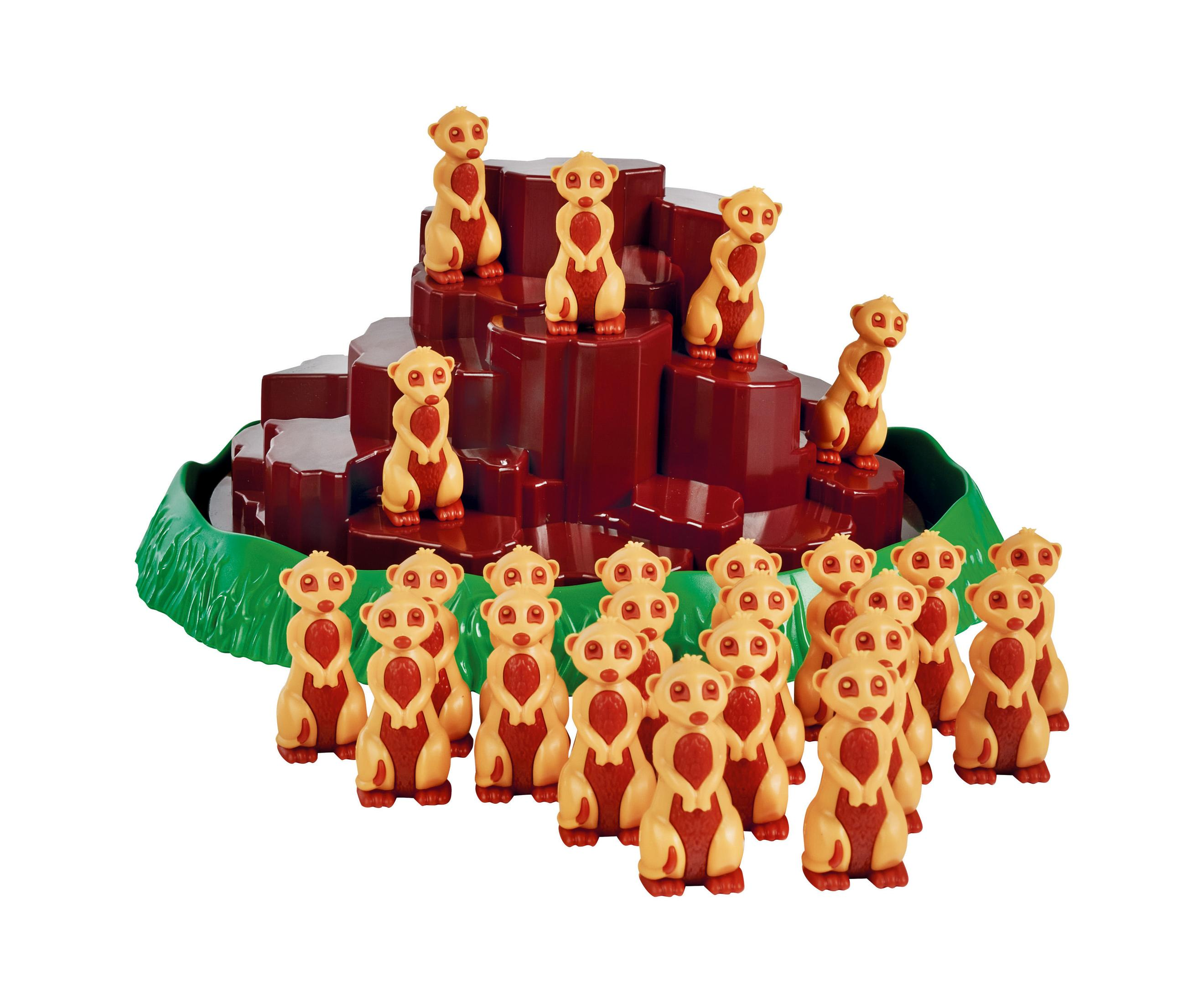 Erdmännchen-Spielzeugset. Erdmännchen auf einer braunen Struktur und weitere Erdmännchen davor auf grüner Basis.