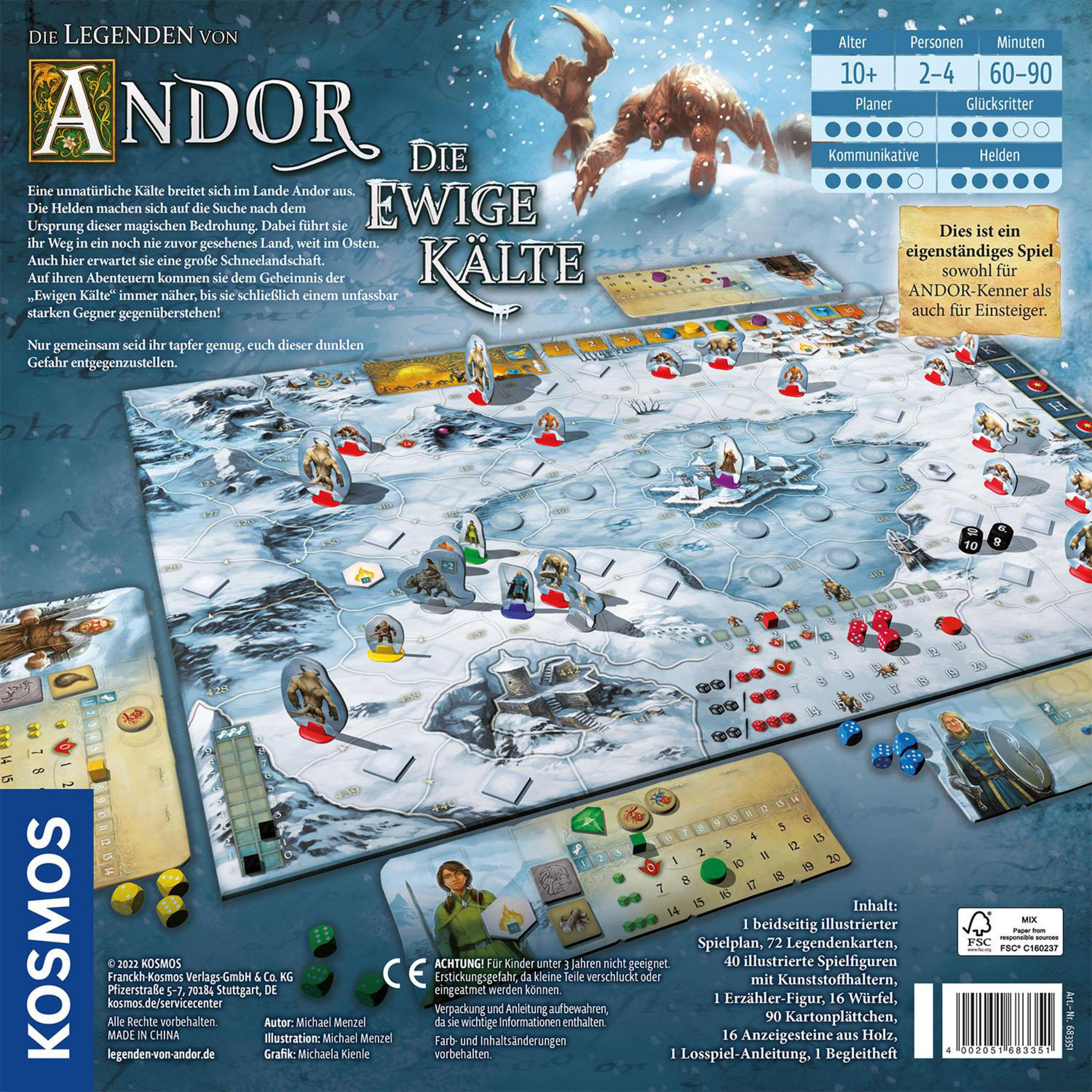 Brettspiel mit Schneelandschaft, Figuren und Text. Zwei Charaktere am Himmel.