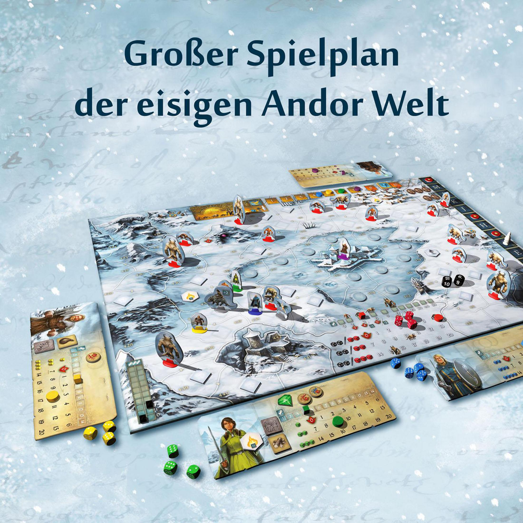 Brettspiel mit einer schneebedeckten Landschaft, Figuren, Würfeln und Karten.
