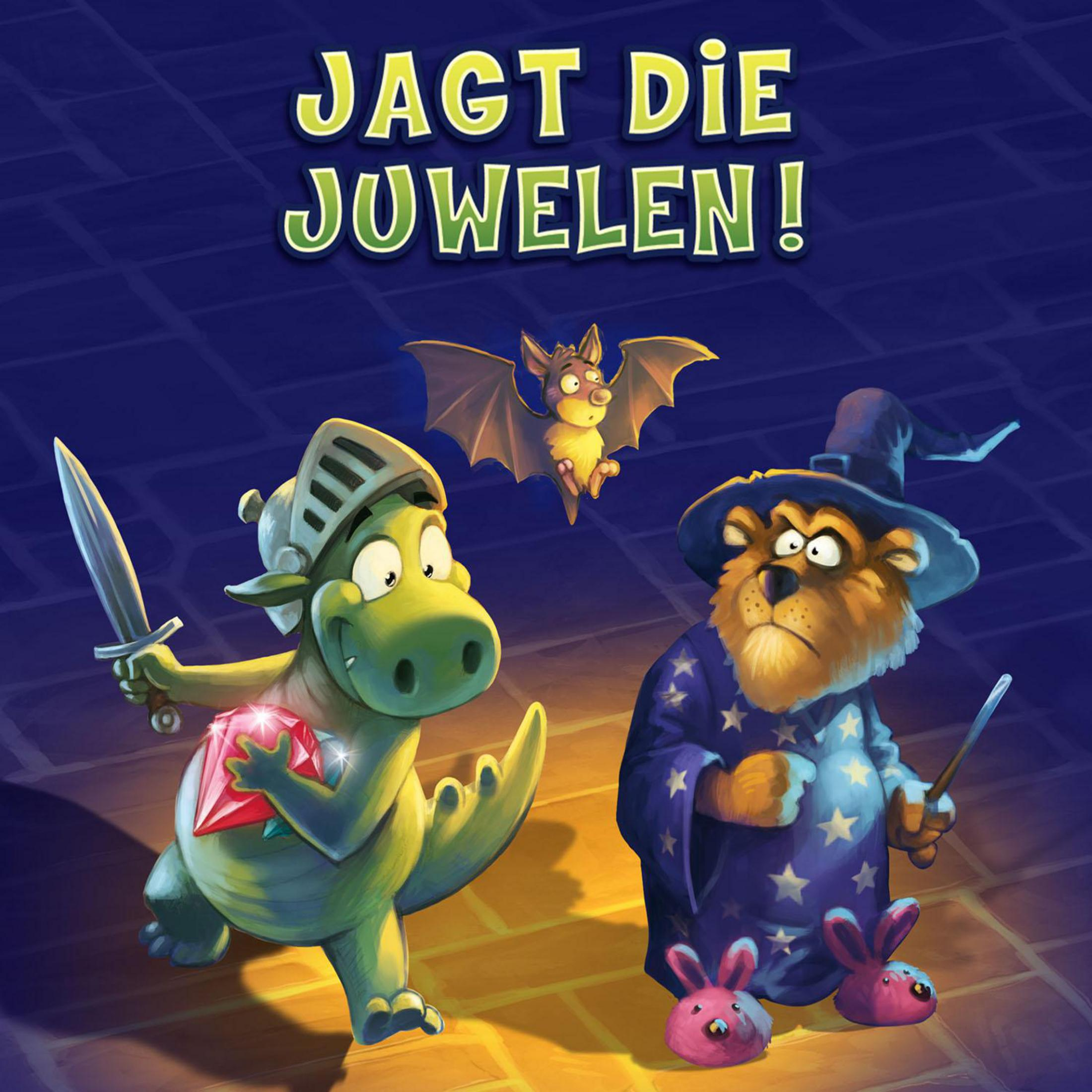 Gioco da tavolo con un drago, un mago e un pipistrello, intitolato 'Jagt Die Juwelen!'