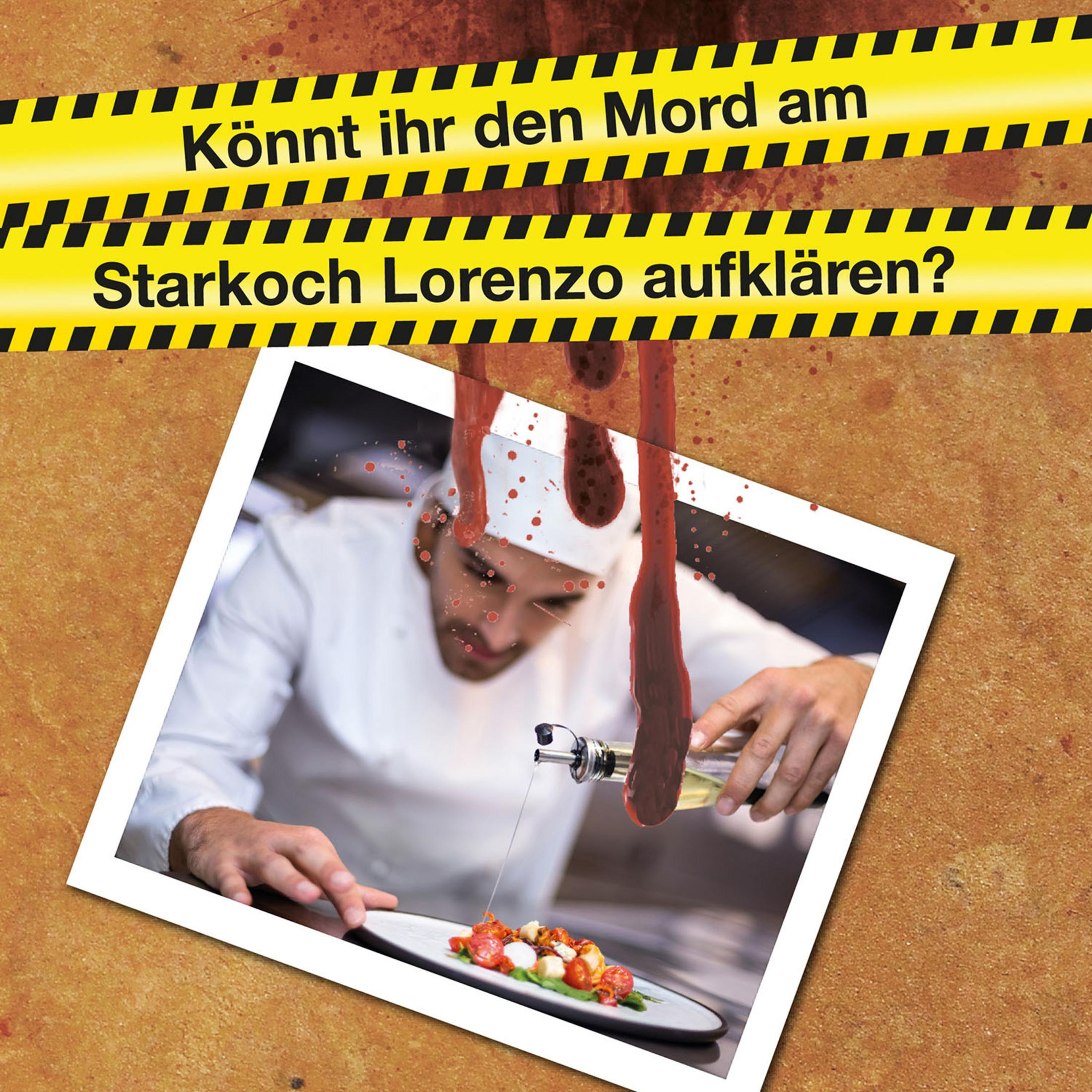 Bild mit Absperrband, Koch gibt Öl auf Teller. Text: Können Sie den Mord lösen?