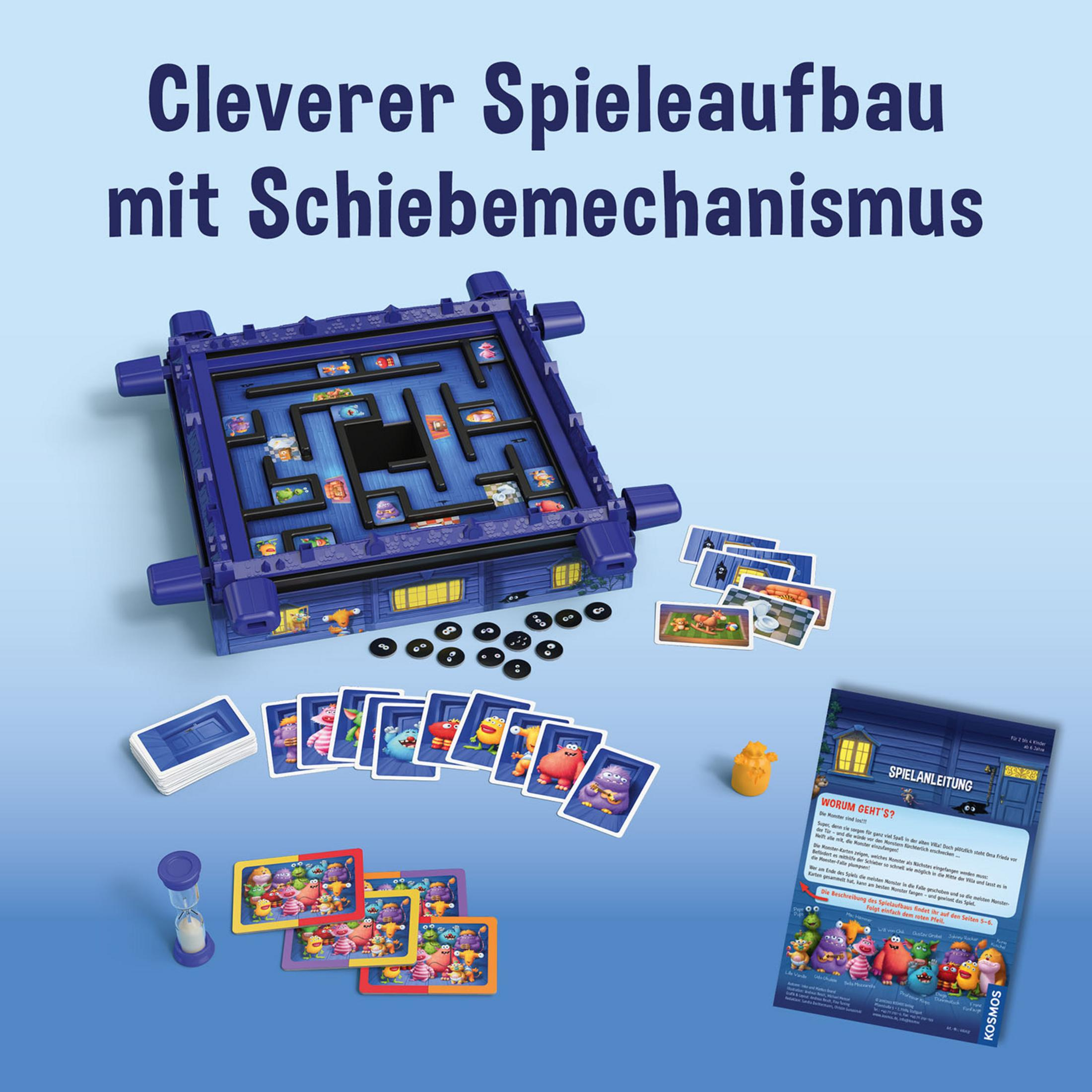 Brettspiel mit Labyrinth und Karten. Lila Labyrinth mit blauem Hintergrund. Spielsteine und Anweisungen.