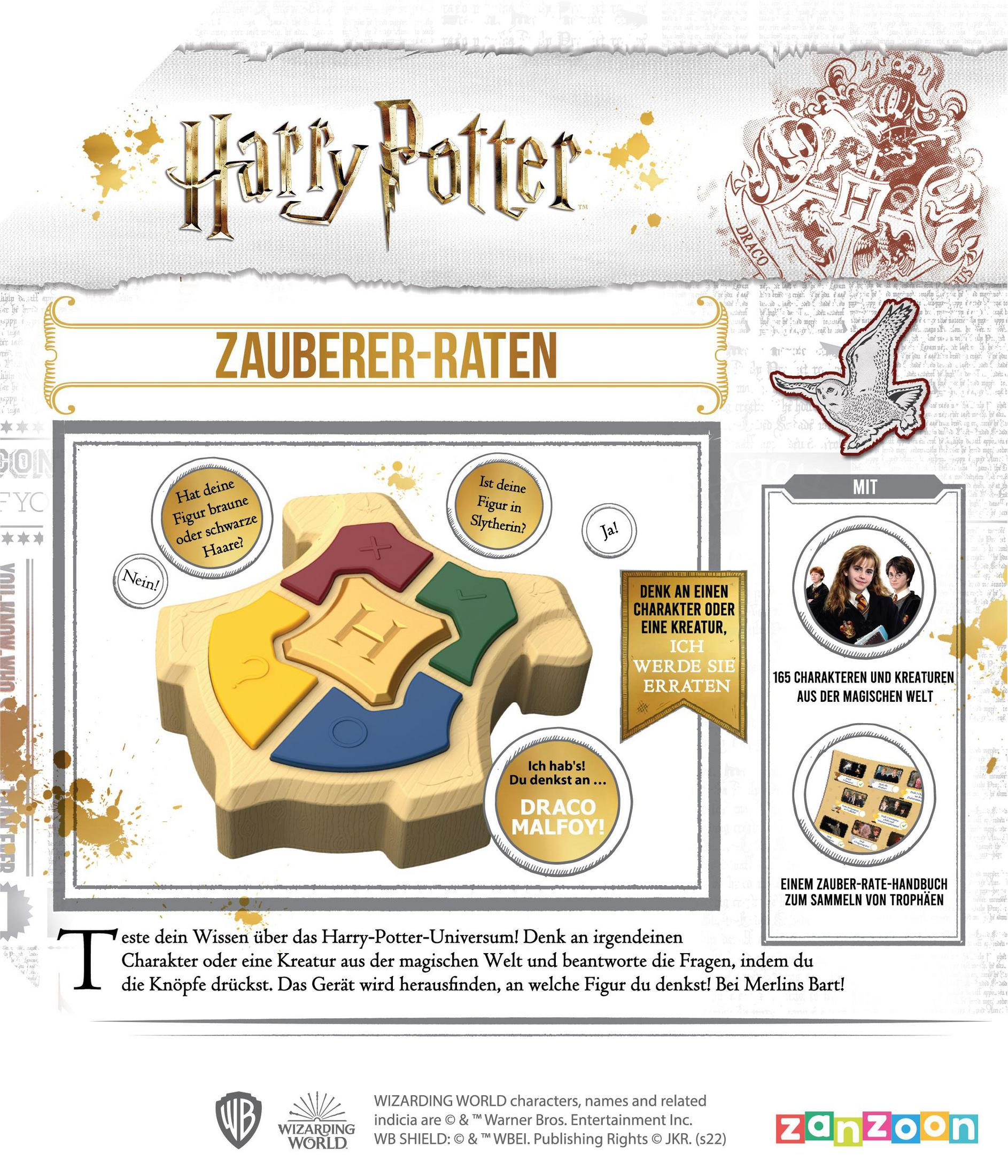 Harry Potter Spielbrett mit Karten, Holzteilen und Text. WB-Schild-Logo.