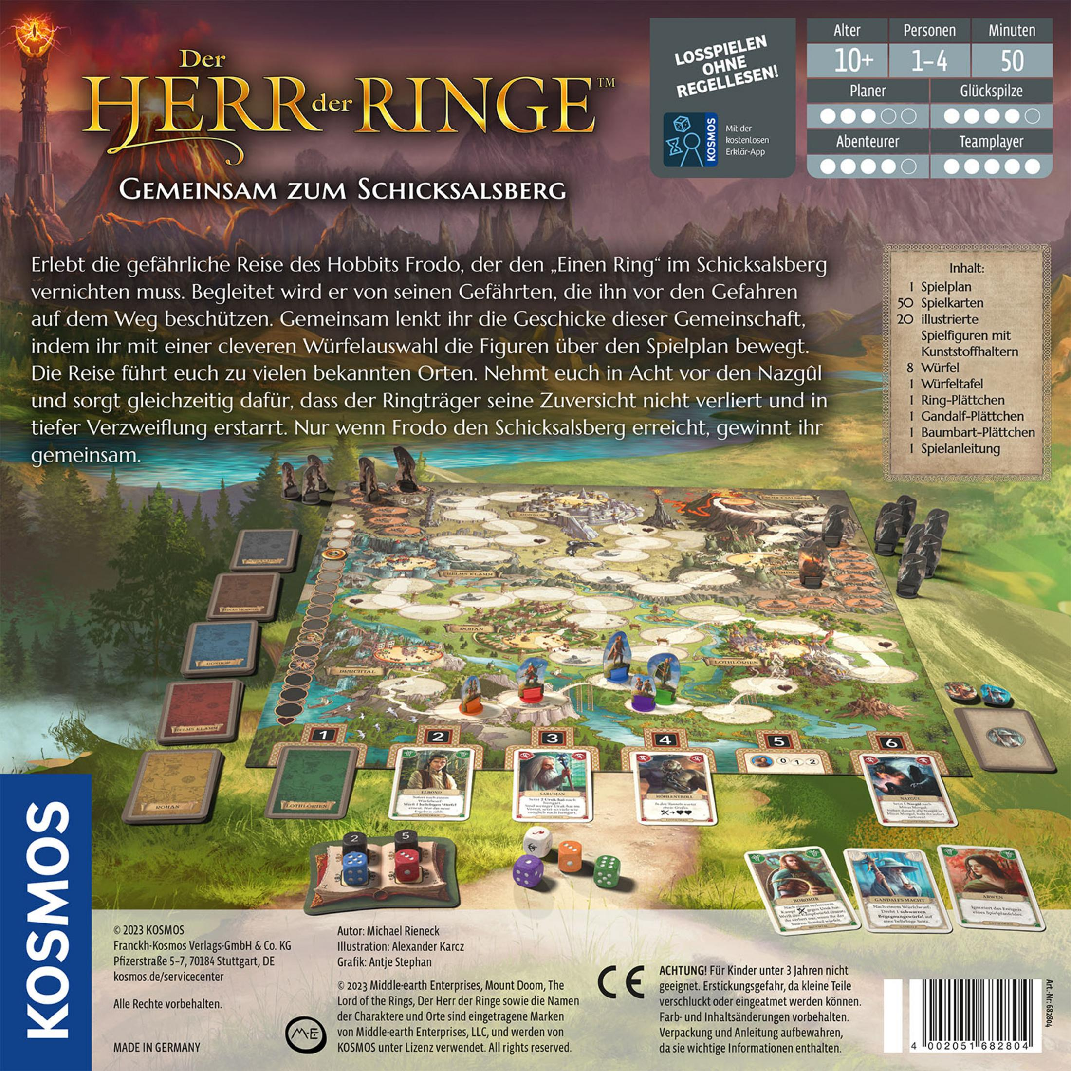 Brettspielbox mit Text und Illustrationen von Charakteren und einem Spielbrett.