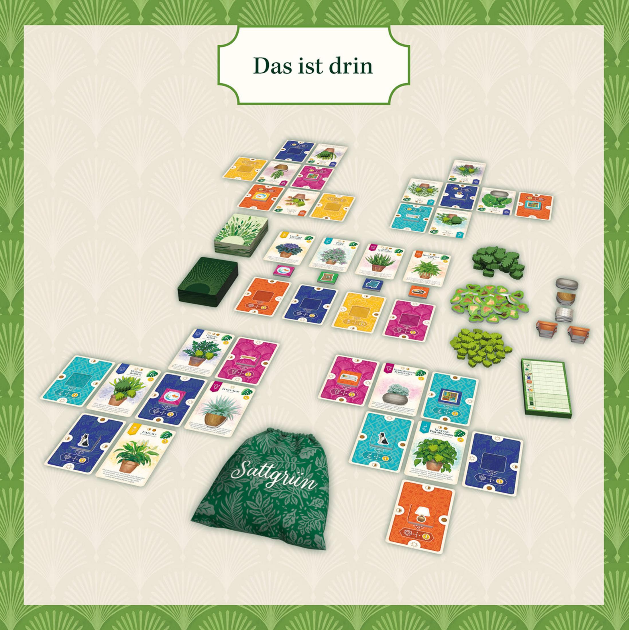Indoor-Garten-Brettspiel. Spielsteine, Karten und ein grüner Beutel mit 'Sattgrün'.