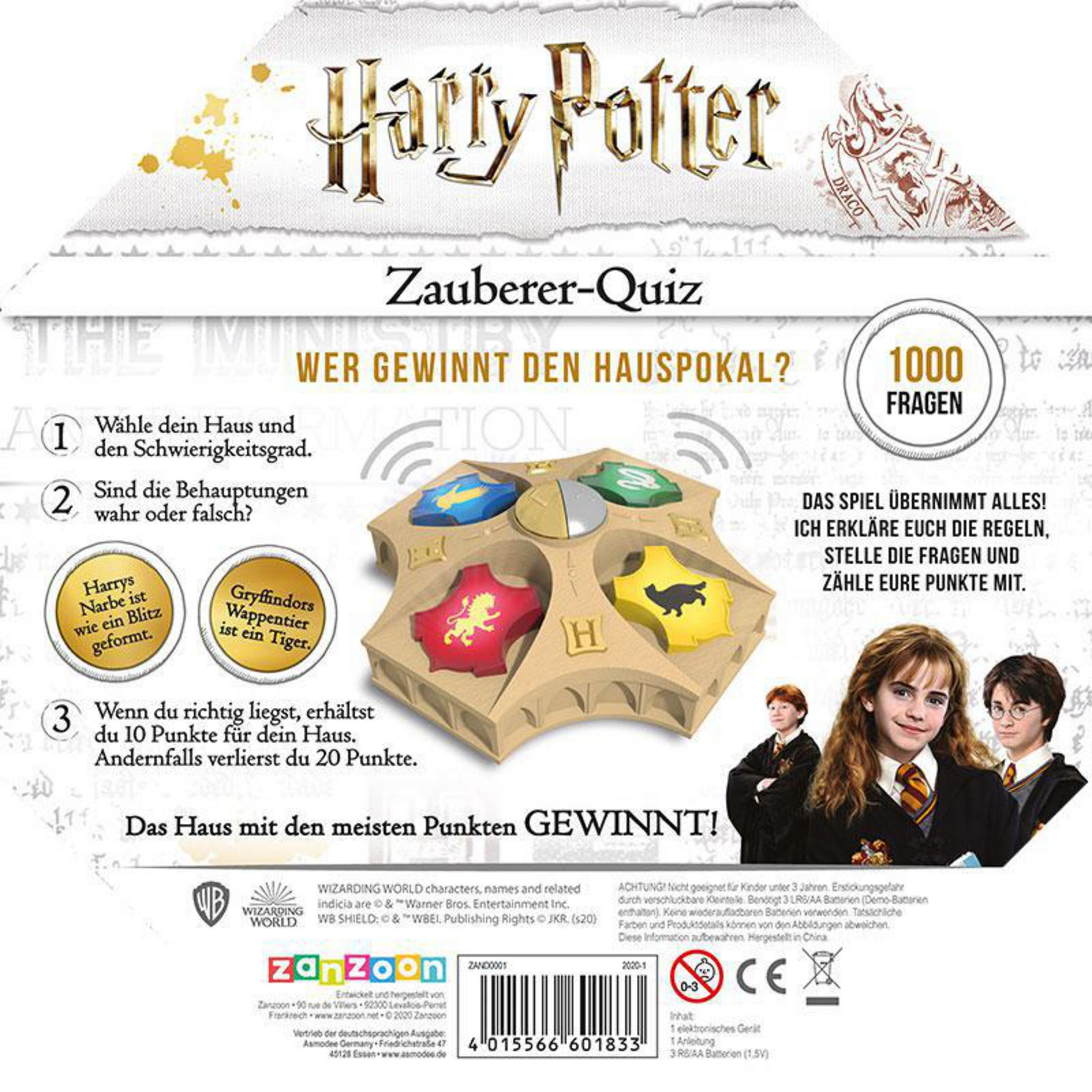 Harry Potter Quizspielbox. Text und Bilder von Charakteren und Spielbrett.
