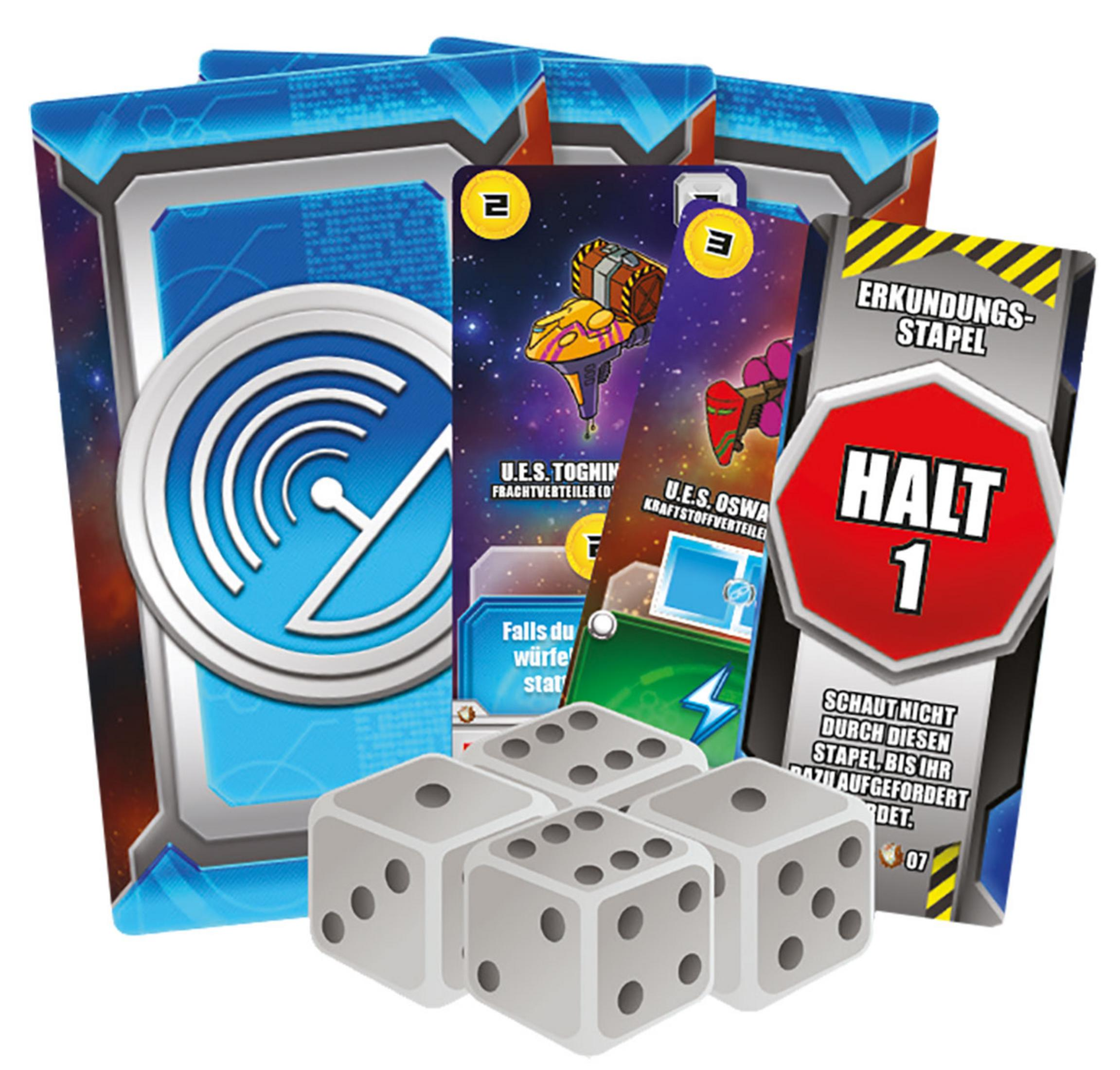 Spielkarten, Würfel und Spielsteine. Blaue und rote Karten mit weißen Würfeln und Spielkarten auf weißem Grund.
