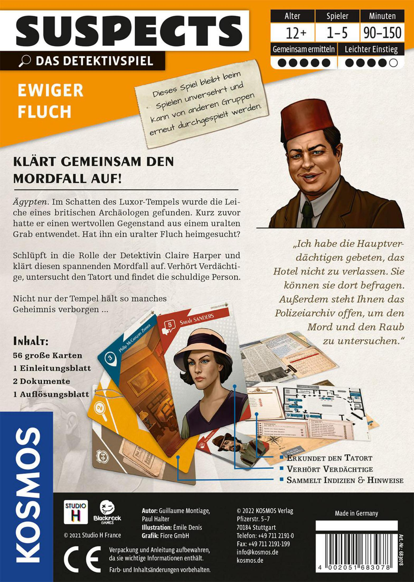 Rückseite einer Brettspielbox mit einer detektivischen Illustration und Spieldetails.