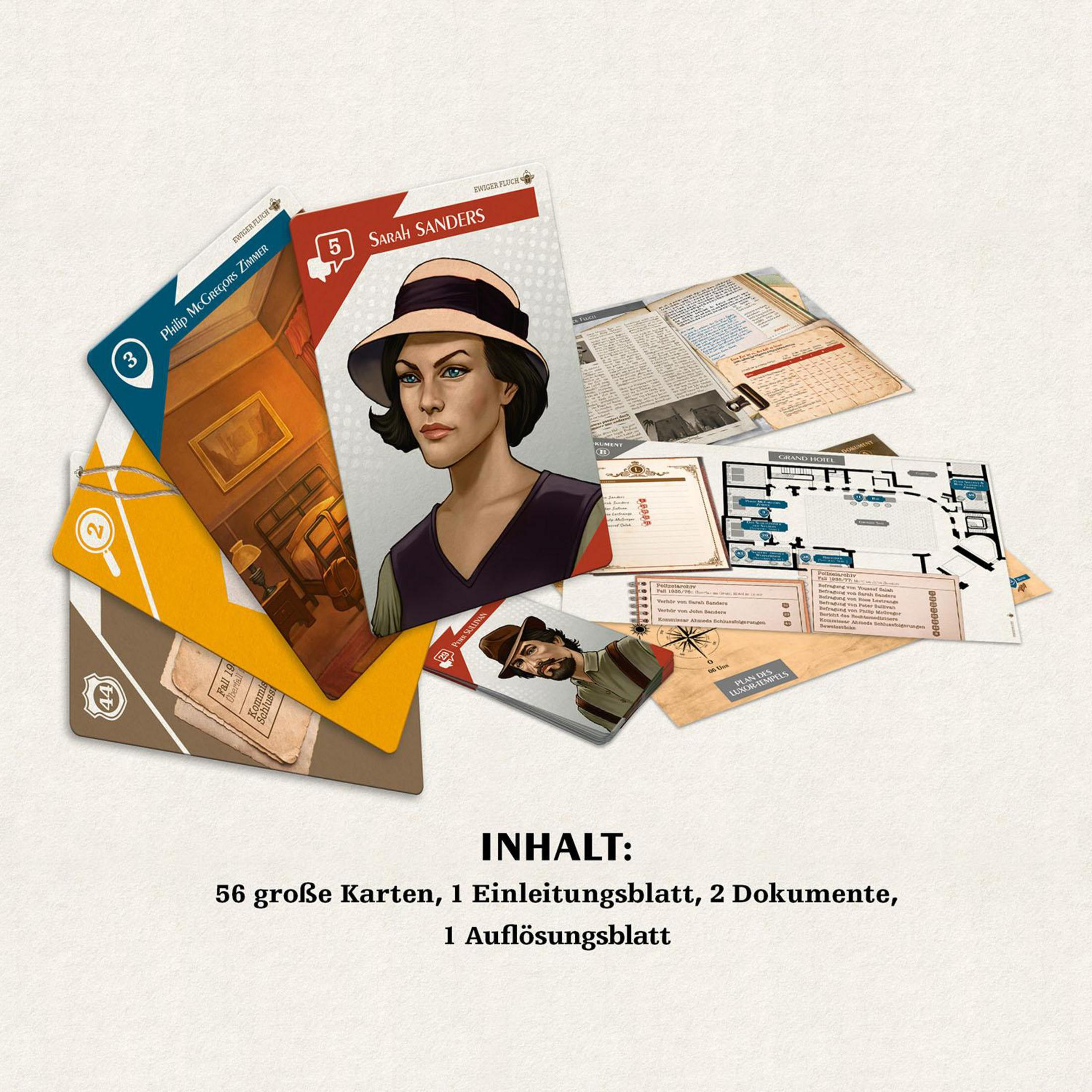 Spielkarten, ein Brettspiel-Layout, mit Charakterkarten und spielbezogenen Elementen.