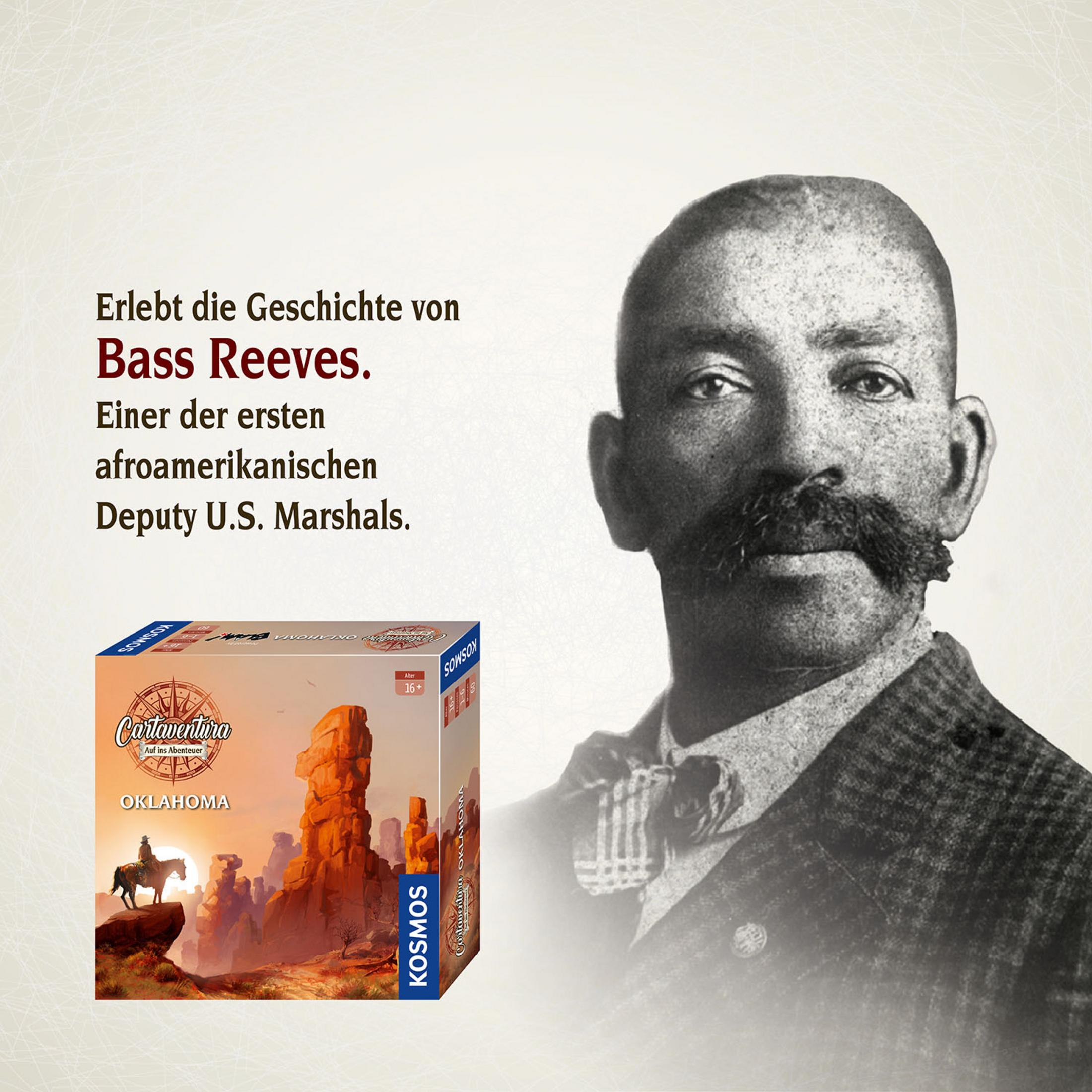 Ein Vintage-Porträt von Bass Reeves, einem afroamerikanischen Deputy U.S. Marshal, mit einer Spielbox.