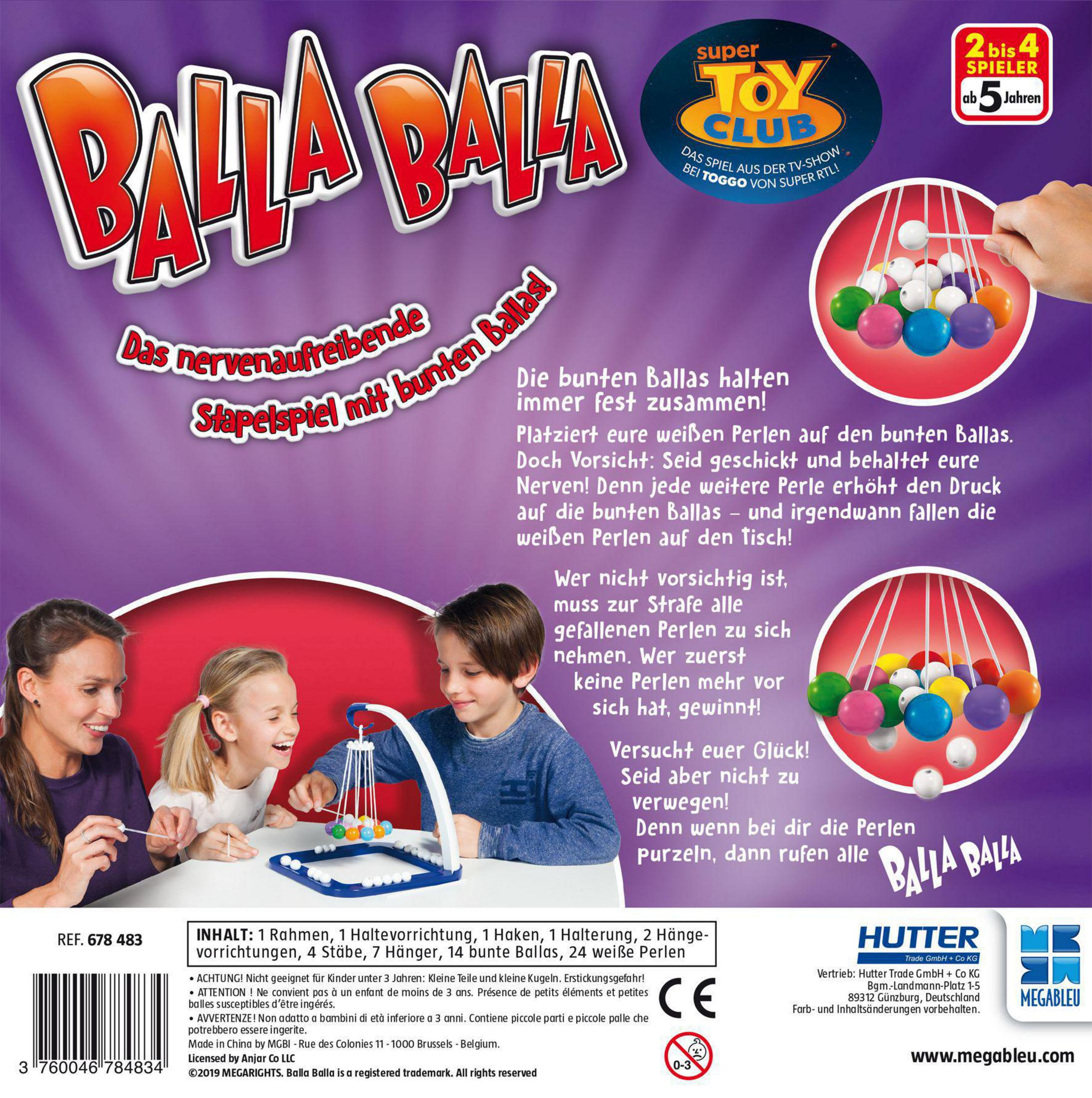 Boîte de jeu Balla Balla, personnes jouant, boules colorées. Texte et instructions sur la boîte.