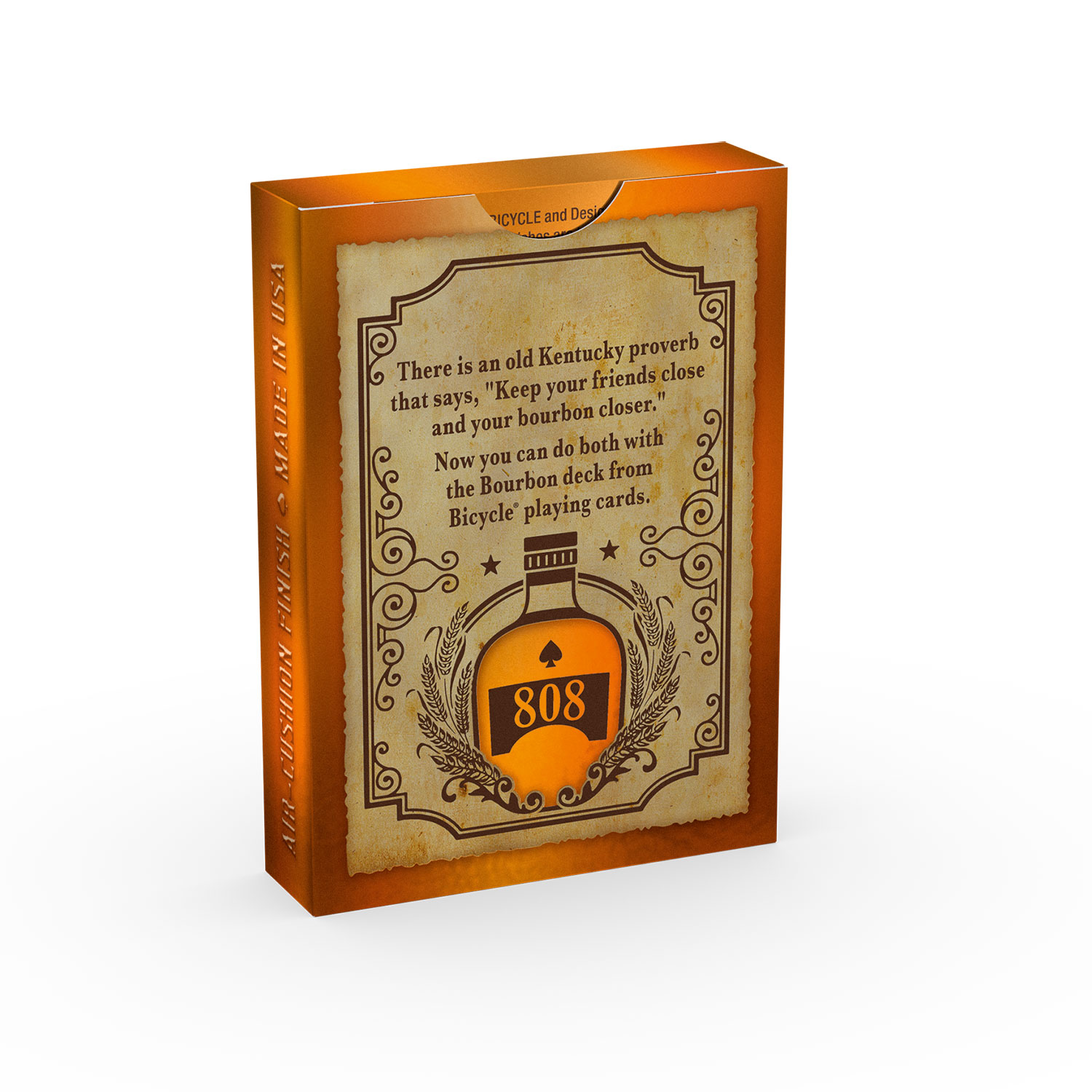Spielkartenbox mit Text und einer Bourbonflaschen-Illustration. Die Box ist orange und auf weißer Oberfläche.