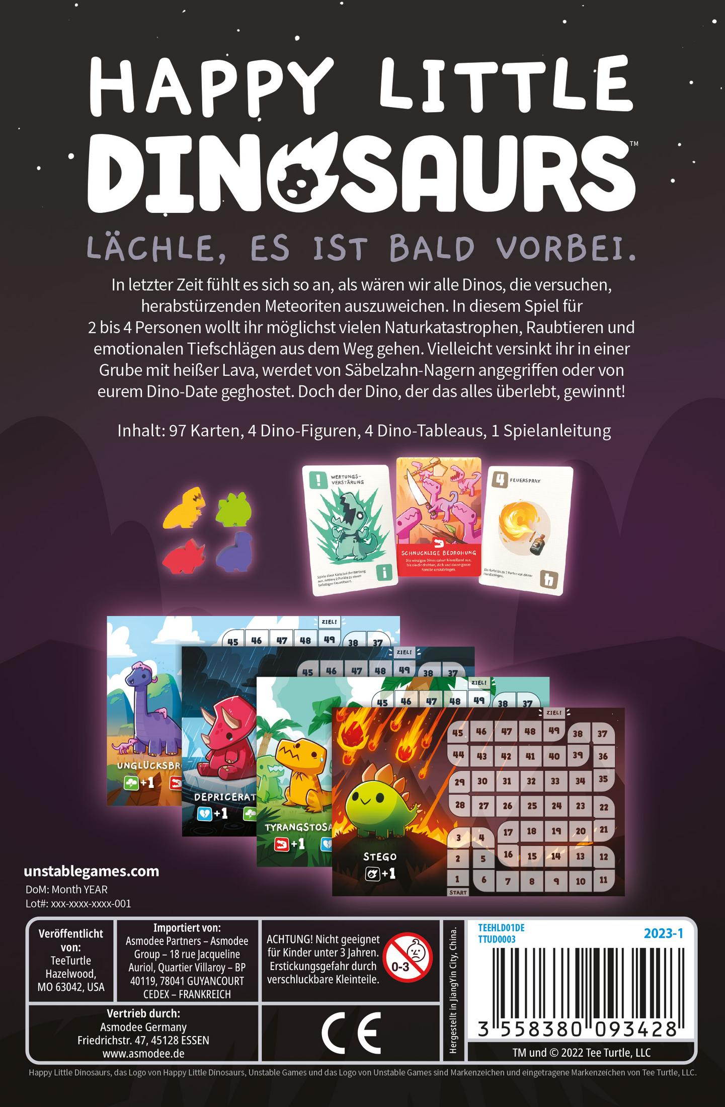 Rückseite einer Spielebox mit dem Titel "HAPPY LITTLE DINOSAURS". Zeigt Spielkomponenten und Anweisungen.