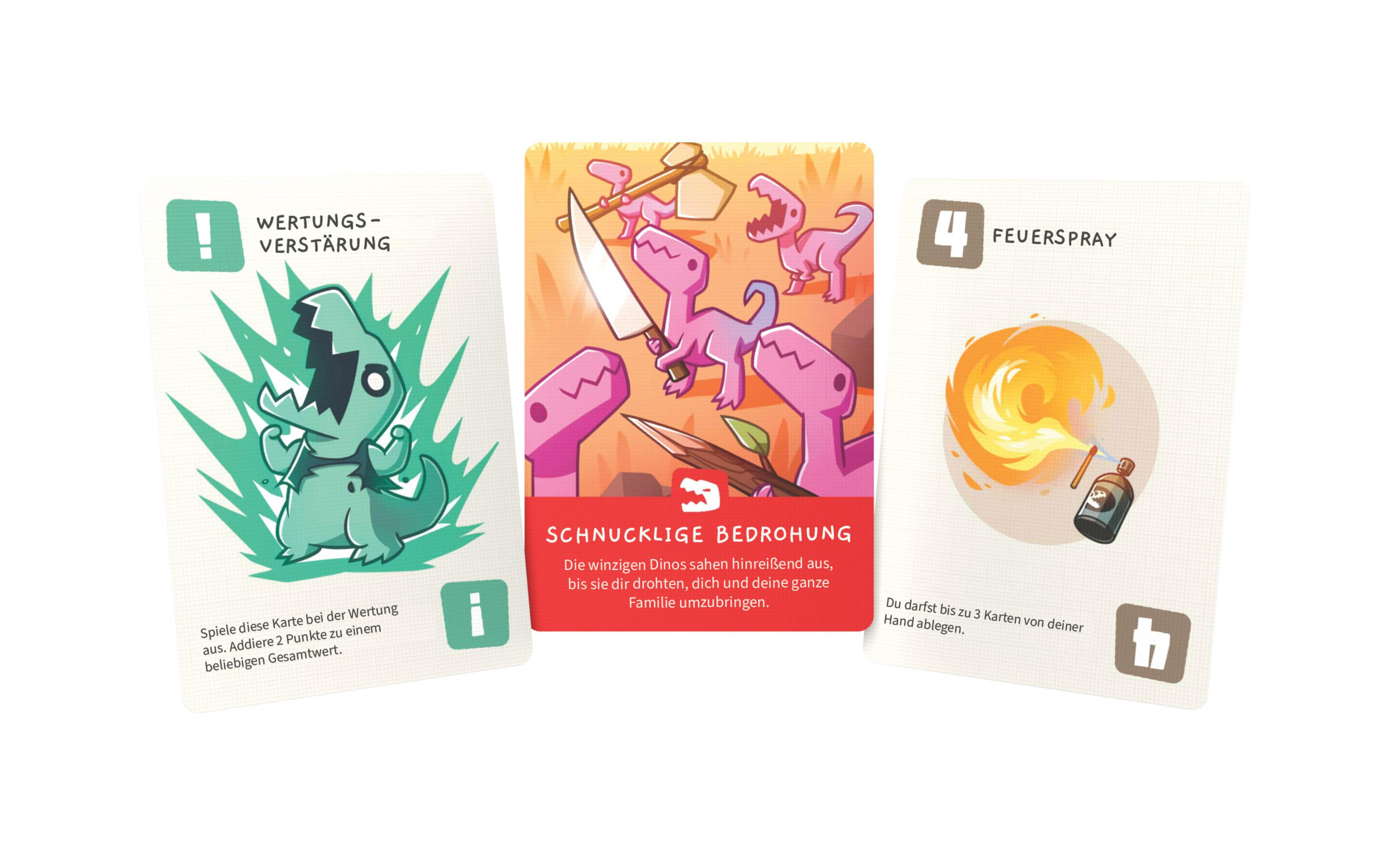Drei Spielkarten: ein grüner Dinosaurier, ein Messer mit Dinosauriern und eine Flamme. Weißer Hintergrund.