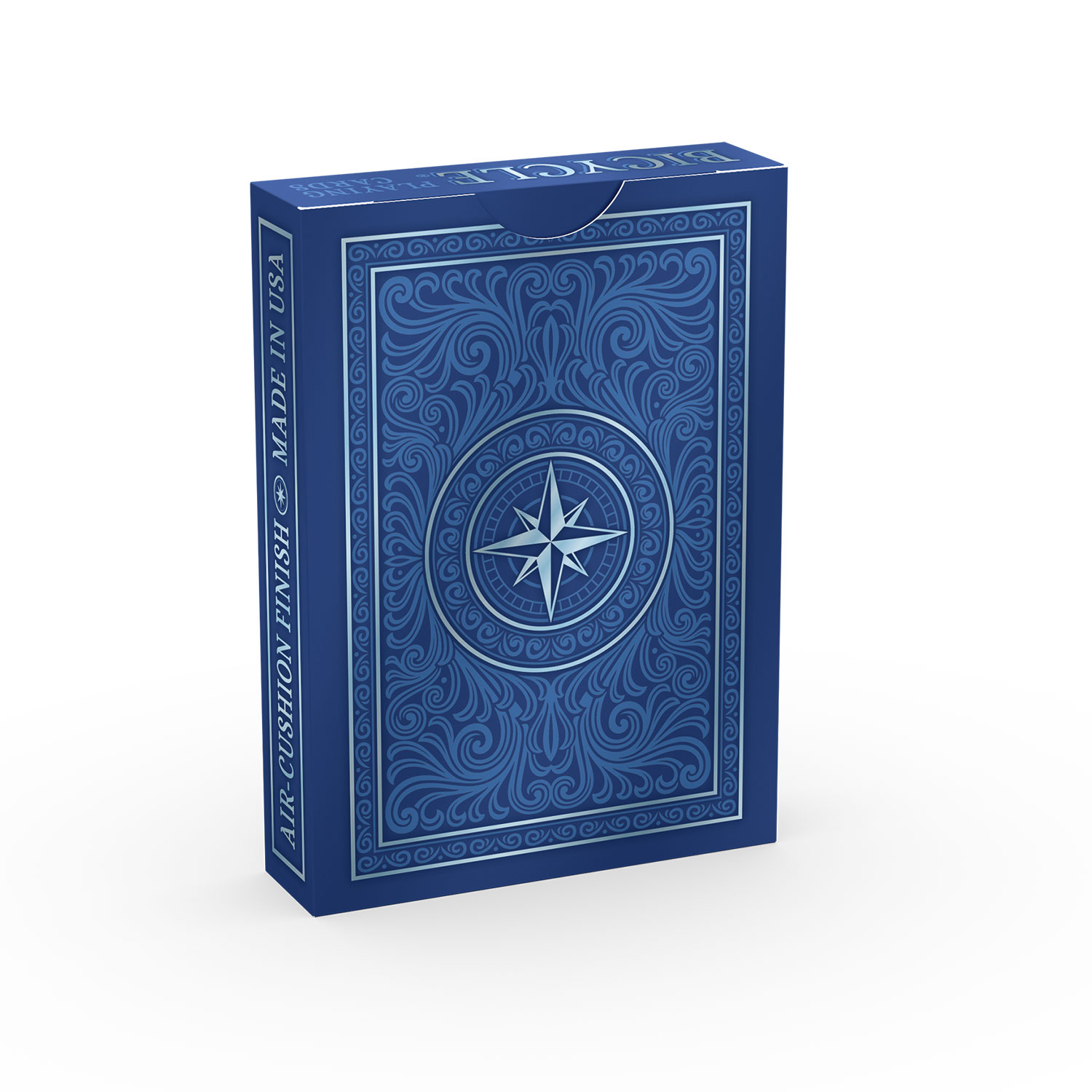 Blaue Bicycle-Spielkartenbox mit Kompassdesign auf weißem Hintergrund.